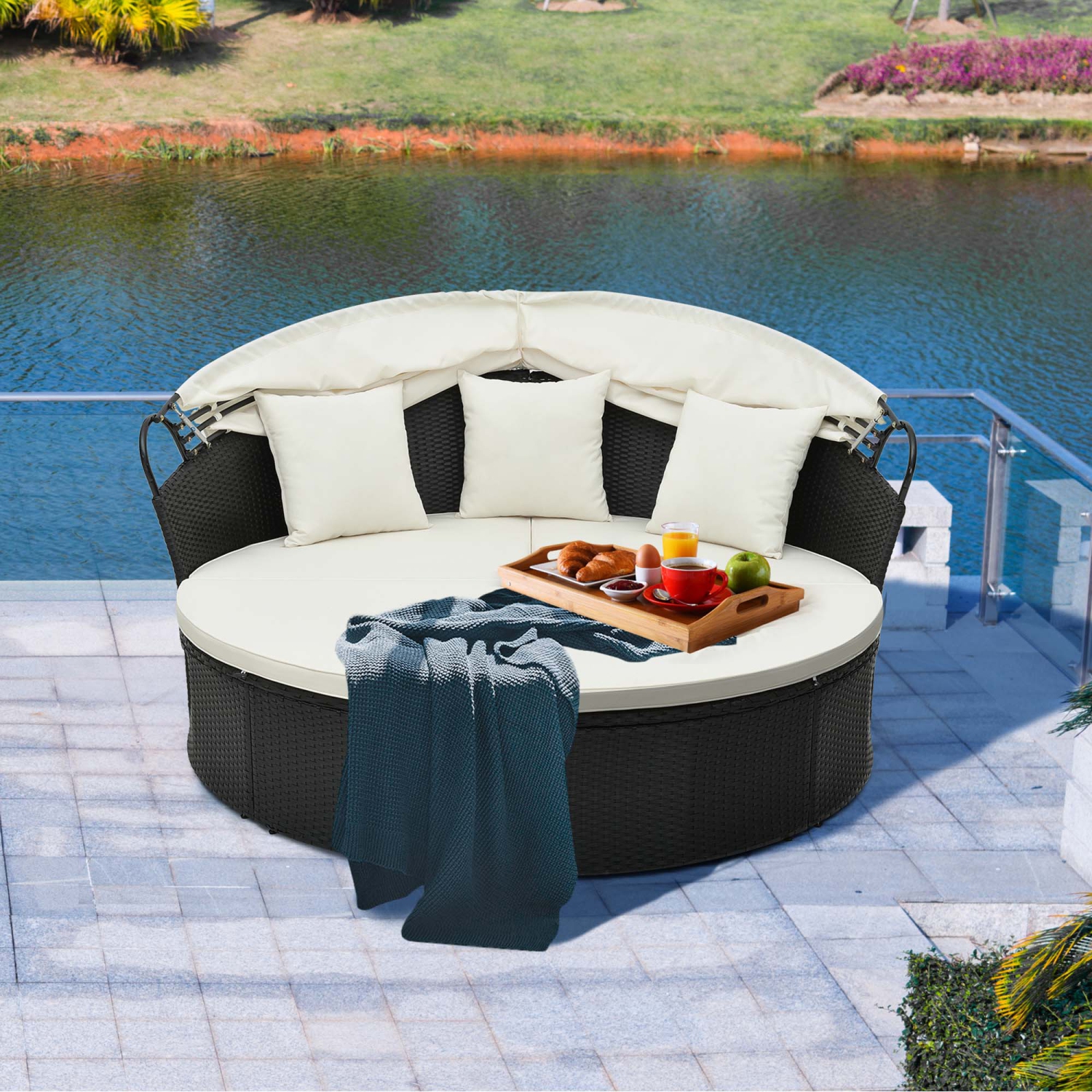 Costway Patio Round Daybed with Retractable Canopy Rattan Sectional Seating Black/White