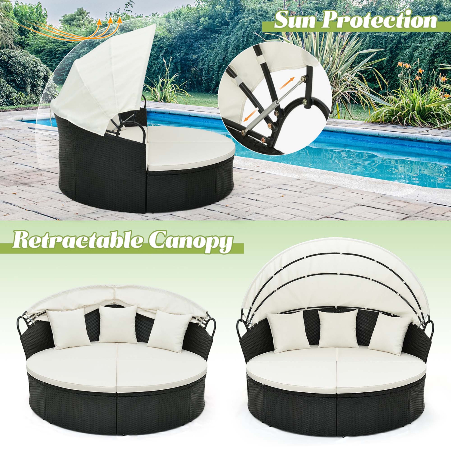 Costway Patio Round Daybed with Retractable Canopy Rattan Sectional Seating Black/White