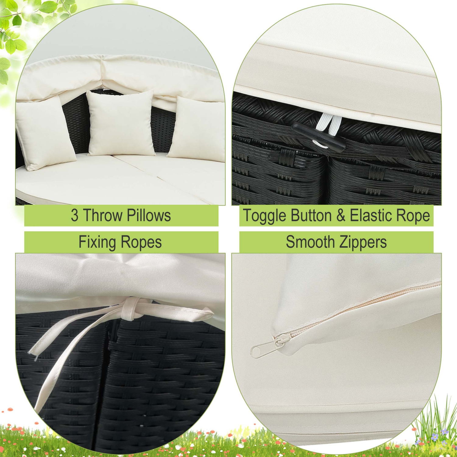 Costway Patio Round Daybed with Retractable Canopy Rattan Sectional Seating Black/White