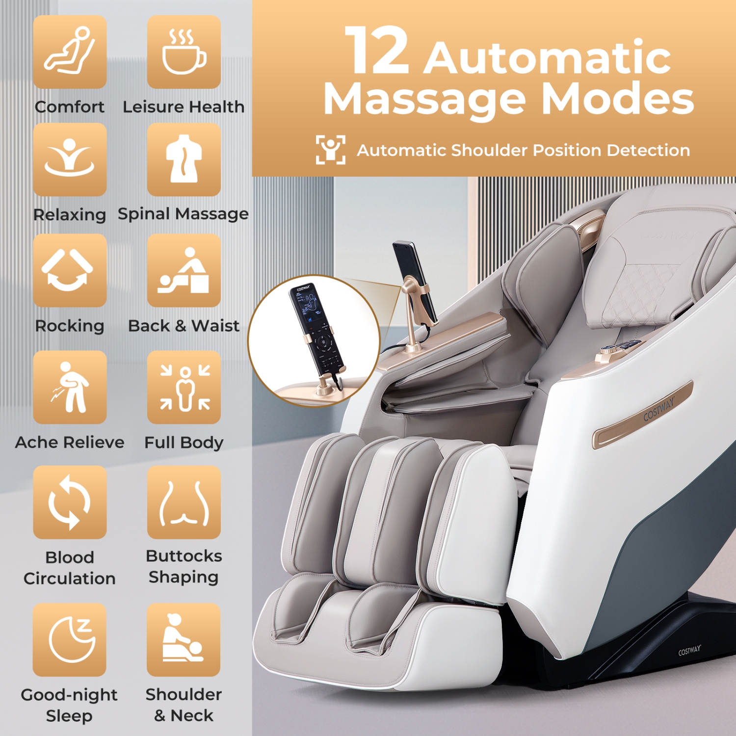 Costway Zero Gravity SL Track Full Body Massage Chair with Waist Heating & Airbag Massage