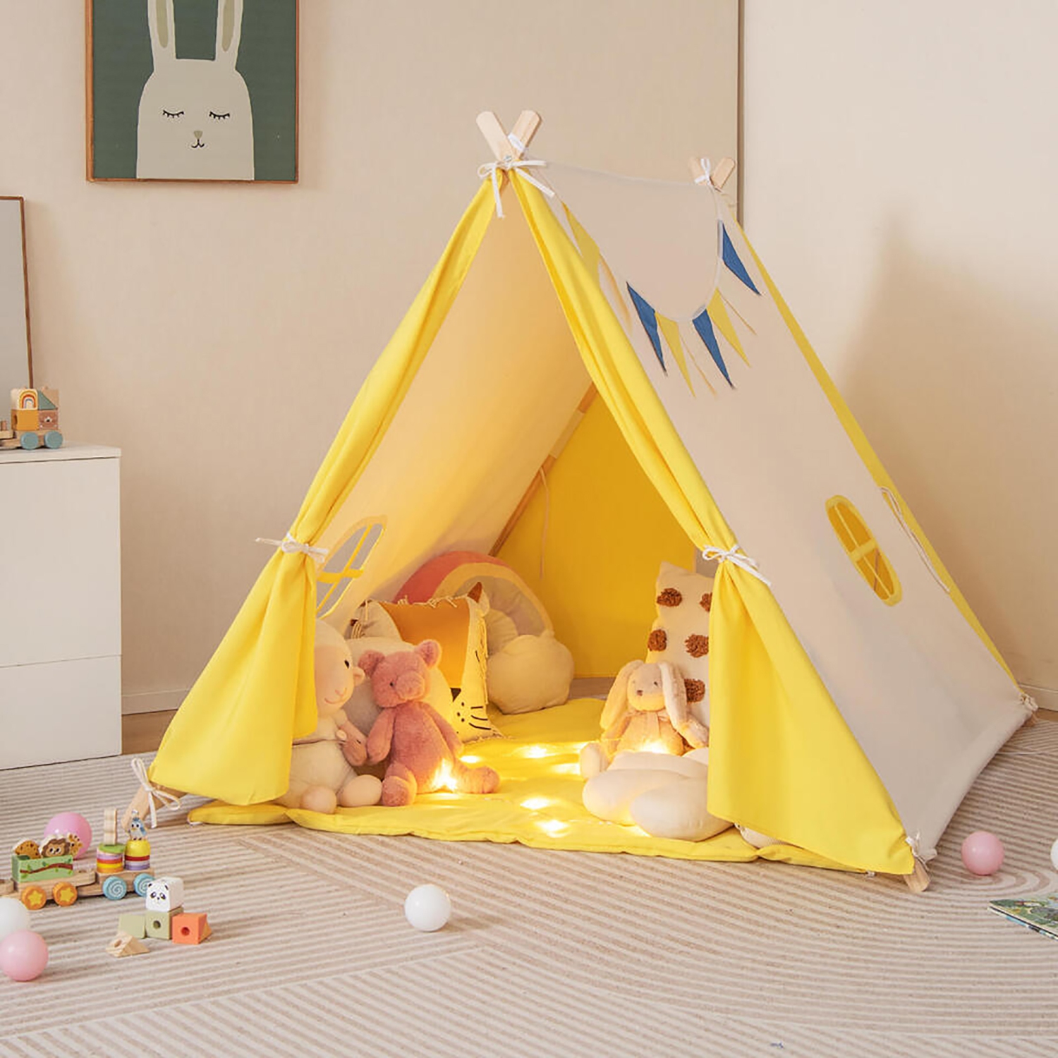 Gymax Kids Play Tent Triangular Kids & Toddlers Tent with Solid Wood Frame Beige