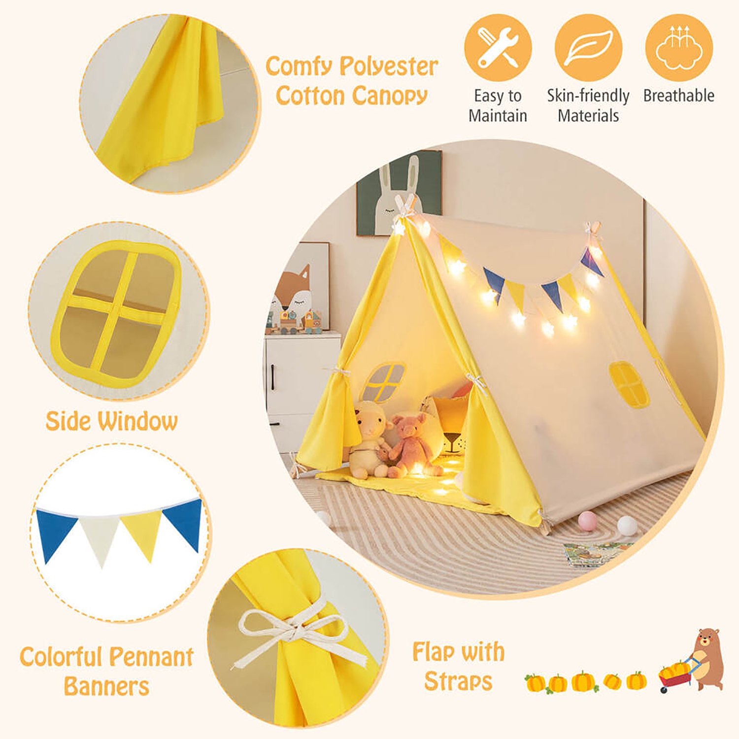 Gymax Kids Play Tent Triangular Kids & Toddlers Tent with Solid Wood Frame Beige