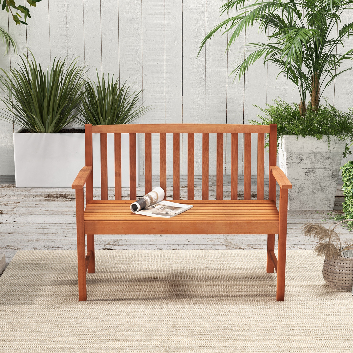 Gymax Patio Wood Bench 2-Seat Outdoor Bench w/ Cozy Armrests & Backrest