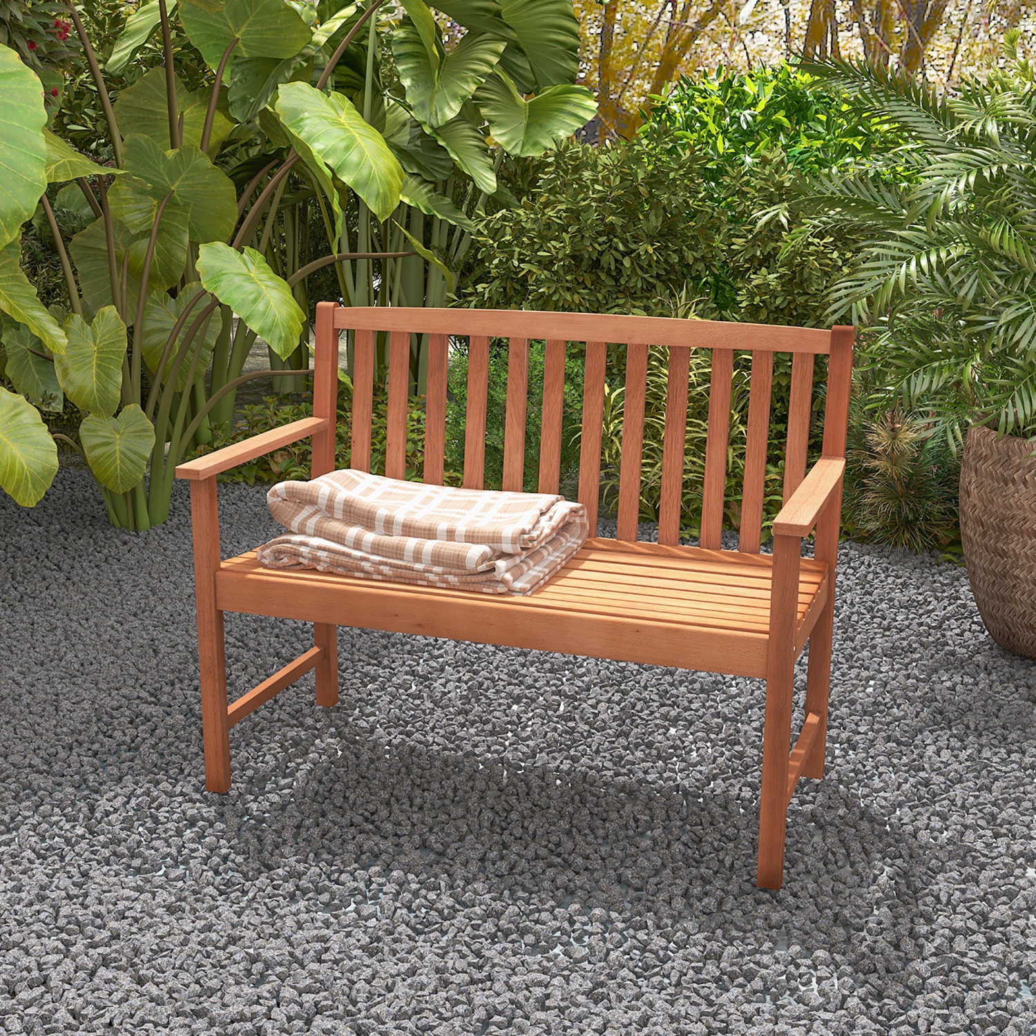 Gymax Patio Wood Bench 2-Seat Outdoor Bench w/ Cozy Armrests & Backrest