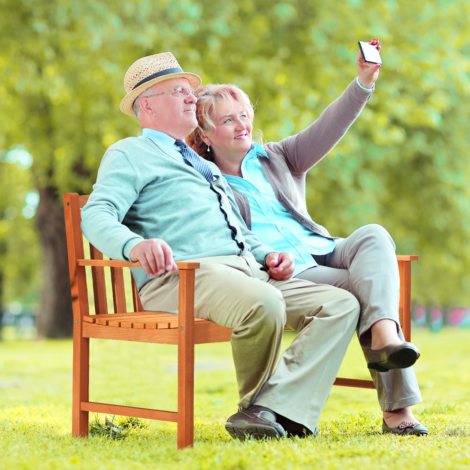 Gymax Patio Wood Bench 2-Seat Outdoor Bench w/ Cozy Armrests & Backrest