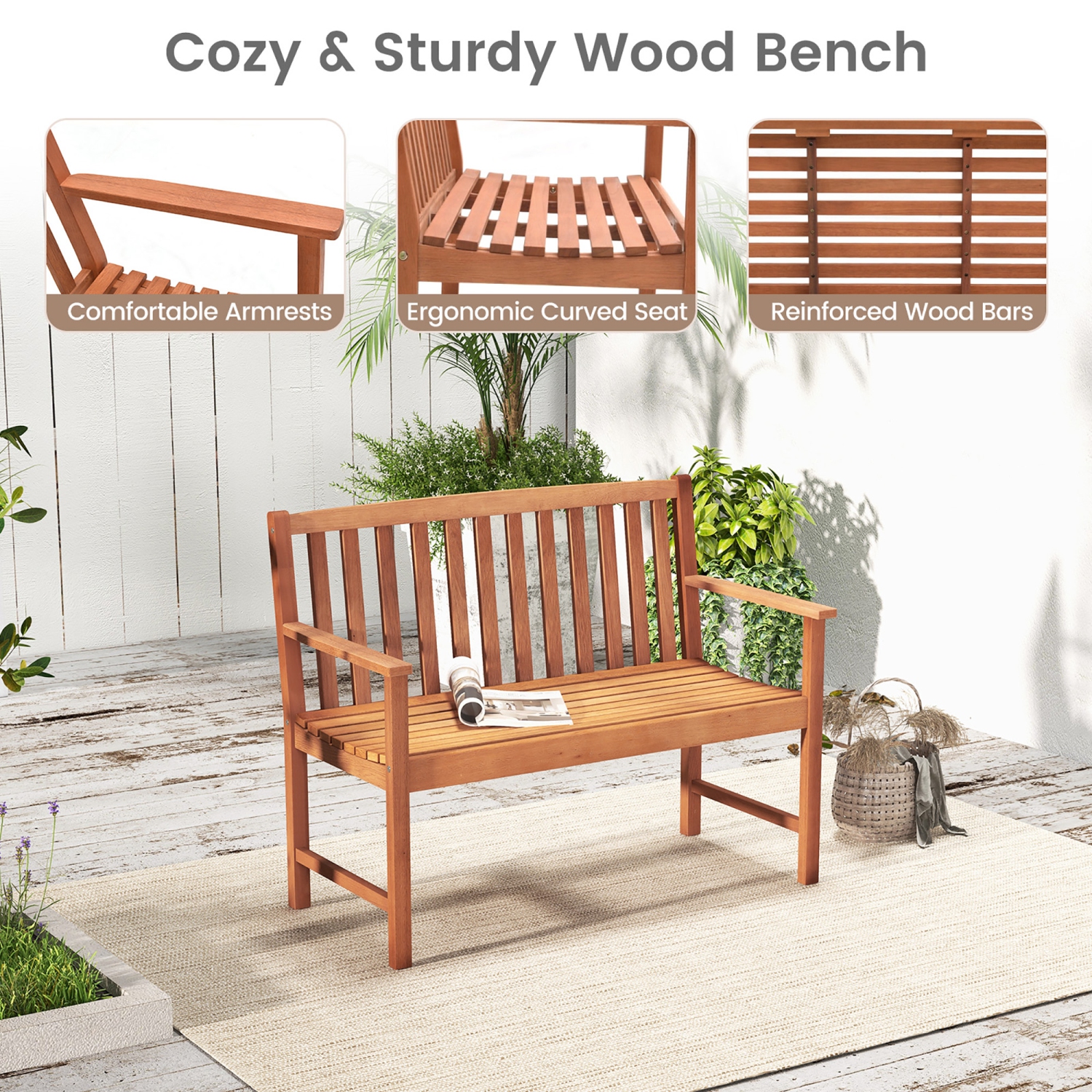 Gymax Patio Wood Bench 2-Seat Outdoor Bench w/ Cozy Armrests & Backrest