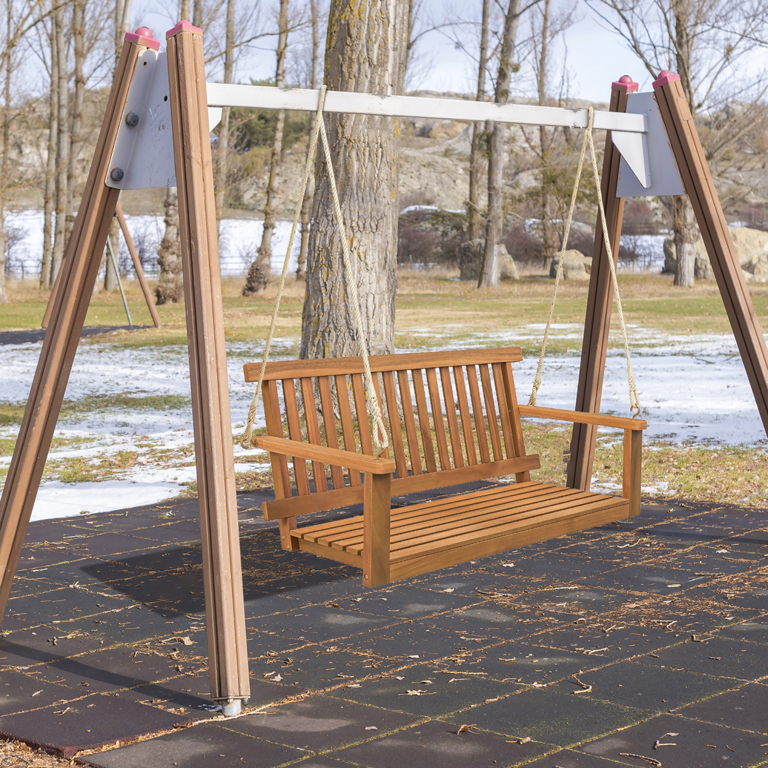 Gymax 2-Person Acacia Wood Outdoor Porch Swing Patio Hanging Bench Chair Natural