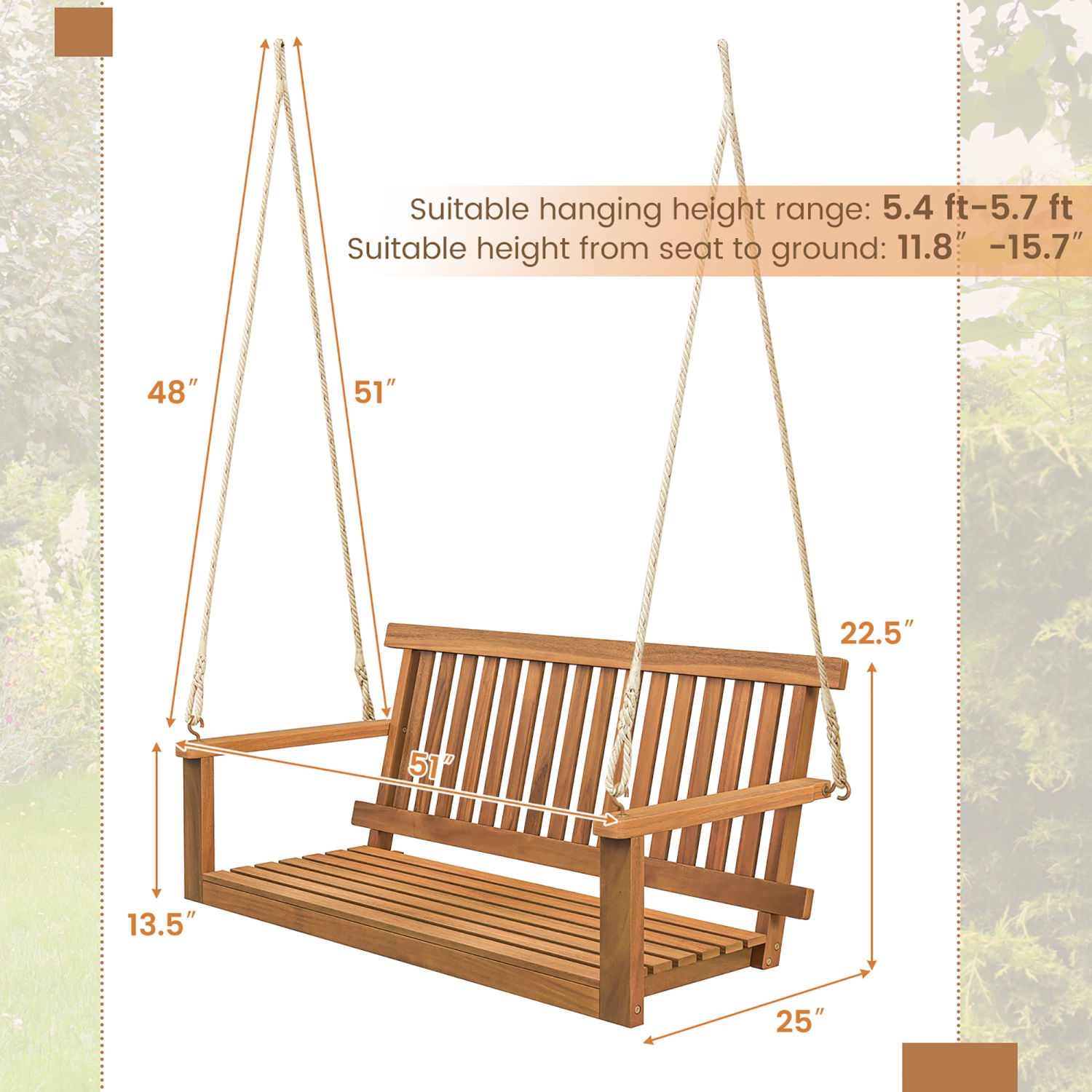 Gymax 2-Person Acacia Wood Outdoor Porch Swing Patio Hanging Bench Chair Natural