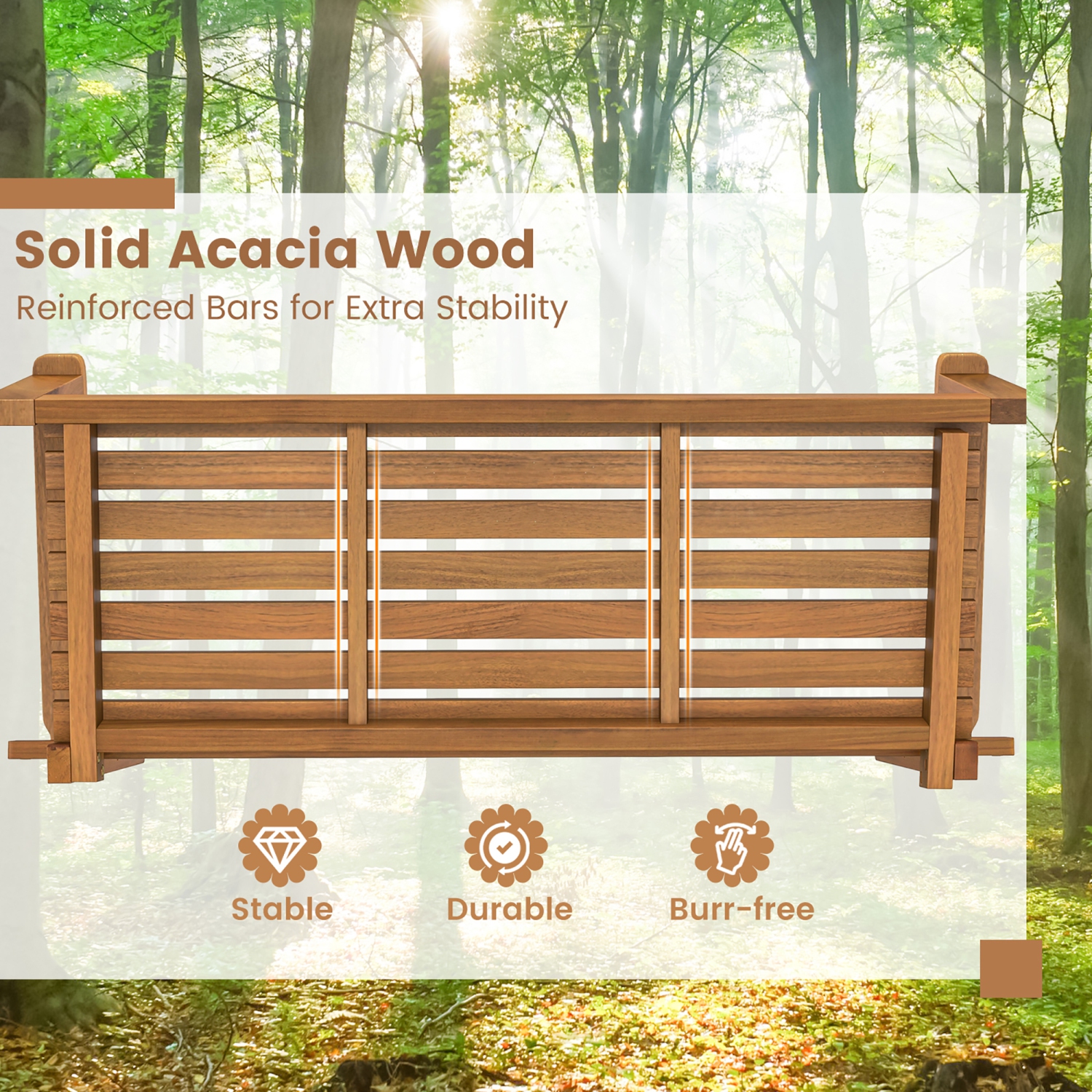 Gymax 2-Person Acacia Wood Outdoor Porch Swing Patio Hanging Bench Chair Natural