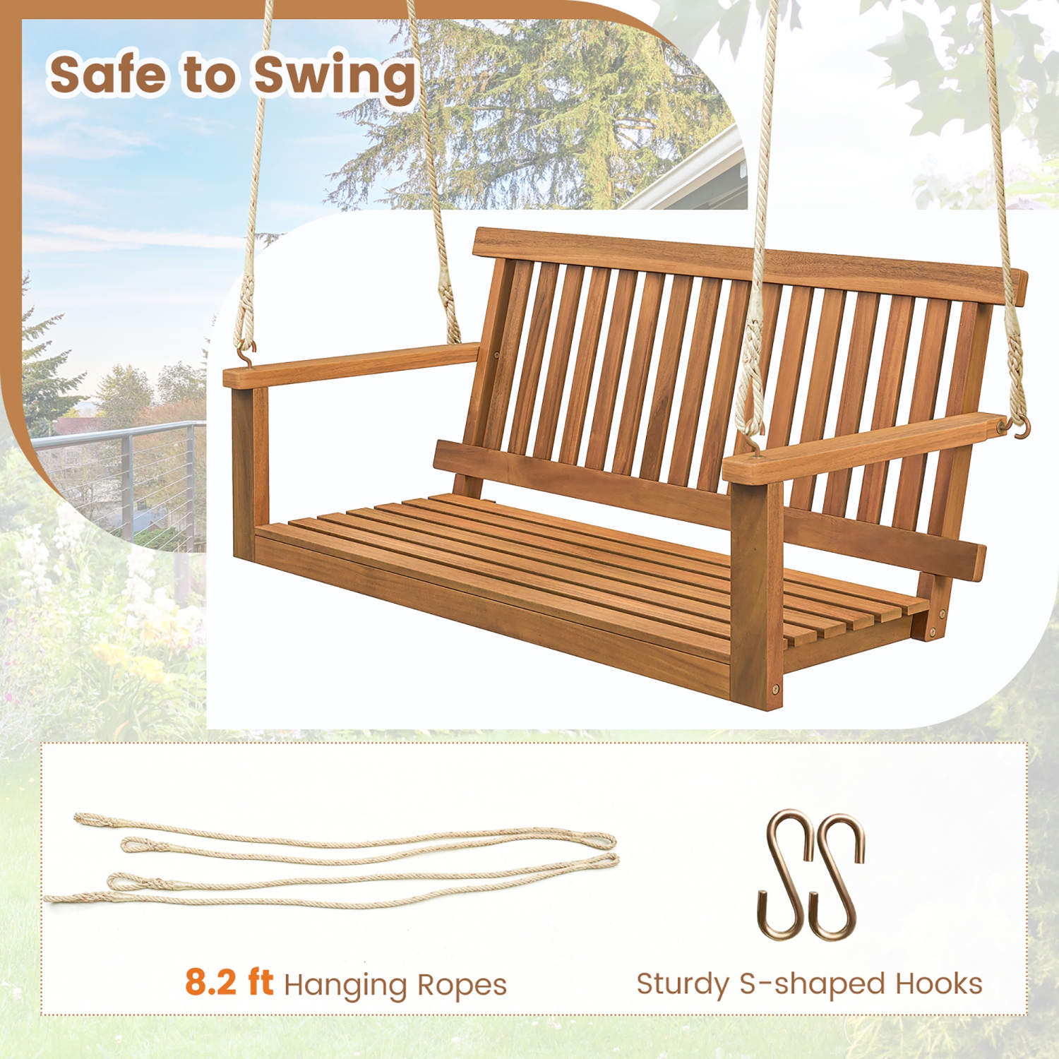 Gymax 2-Person Acacia Wood Outdoor Porch Swing Patio Hanging Bench Chair Natural