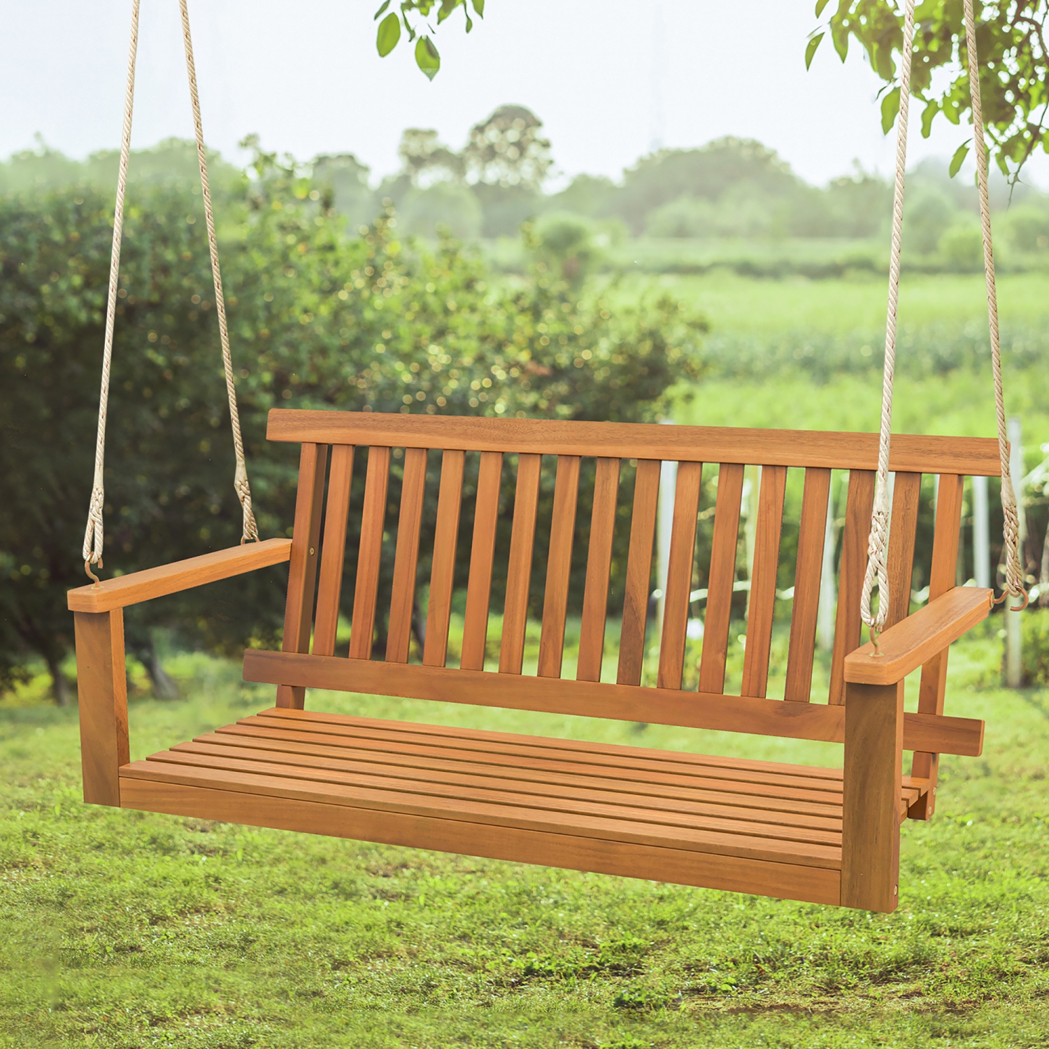 Gymax 2-Person Acacia Wood Outdoor Porch Swing Patio Hanging Bench Chair Natural