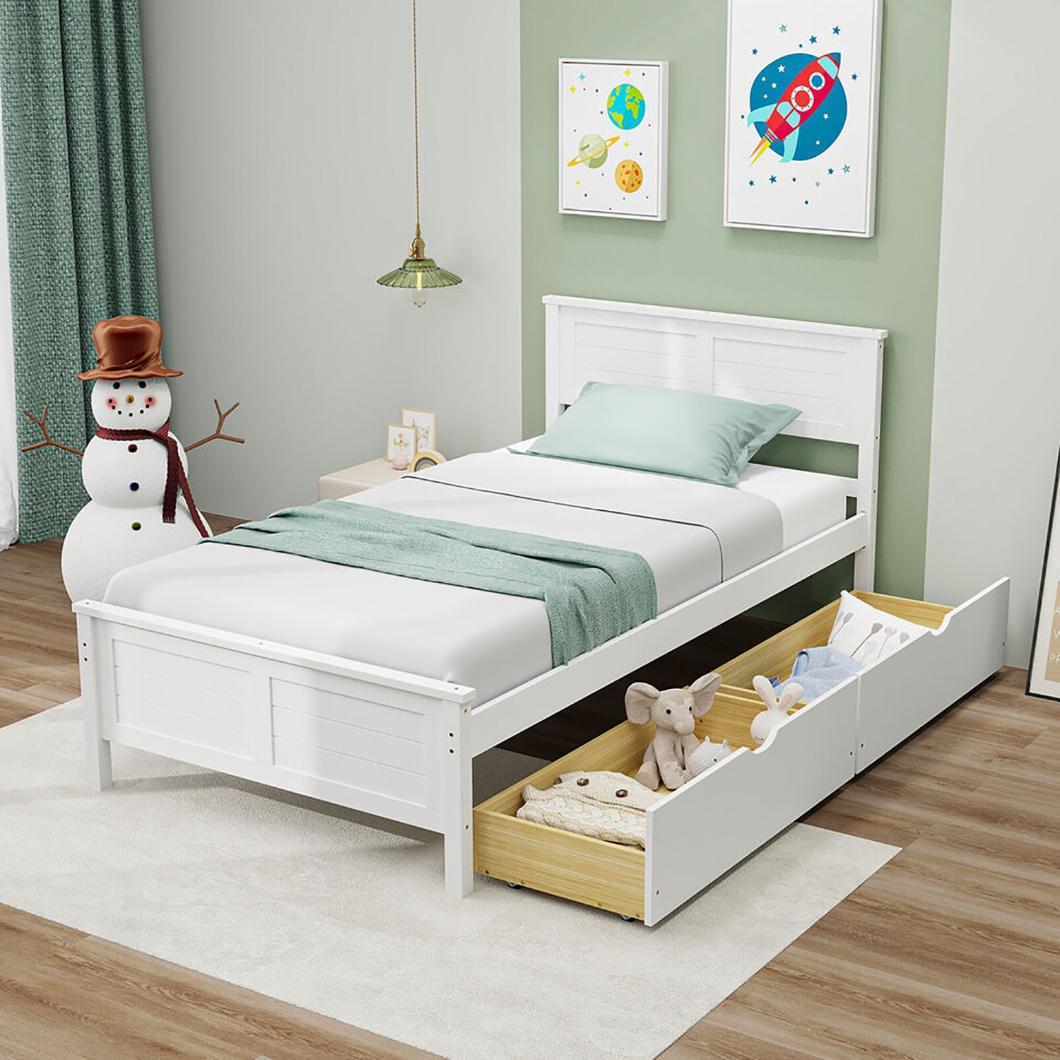 Gymax Twin/Full Size Wooden Bed Frame w/ 2 Storage Drawers & Under-bed Storage White