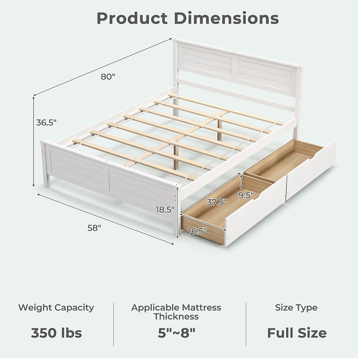 Gymax Twin/Full Size Wooden Bed Frame w/ 2 Storage Drawers & Under-bed Storage White