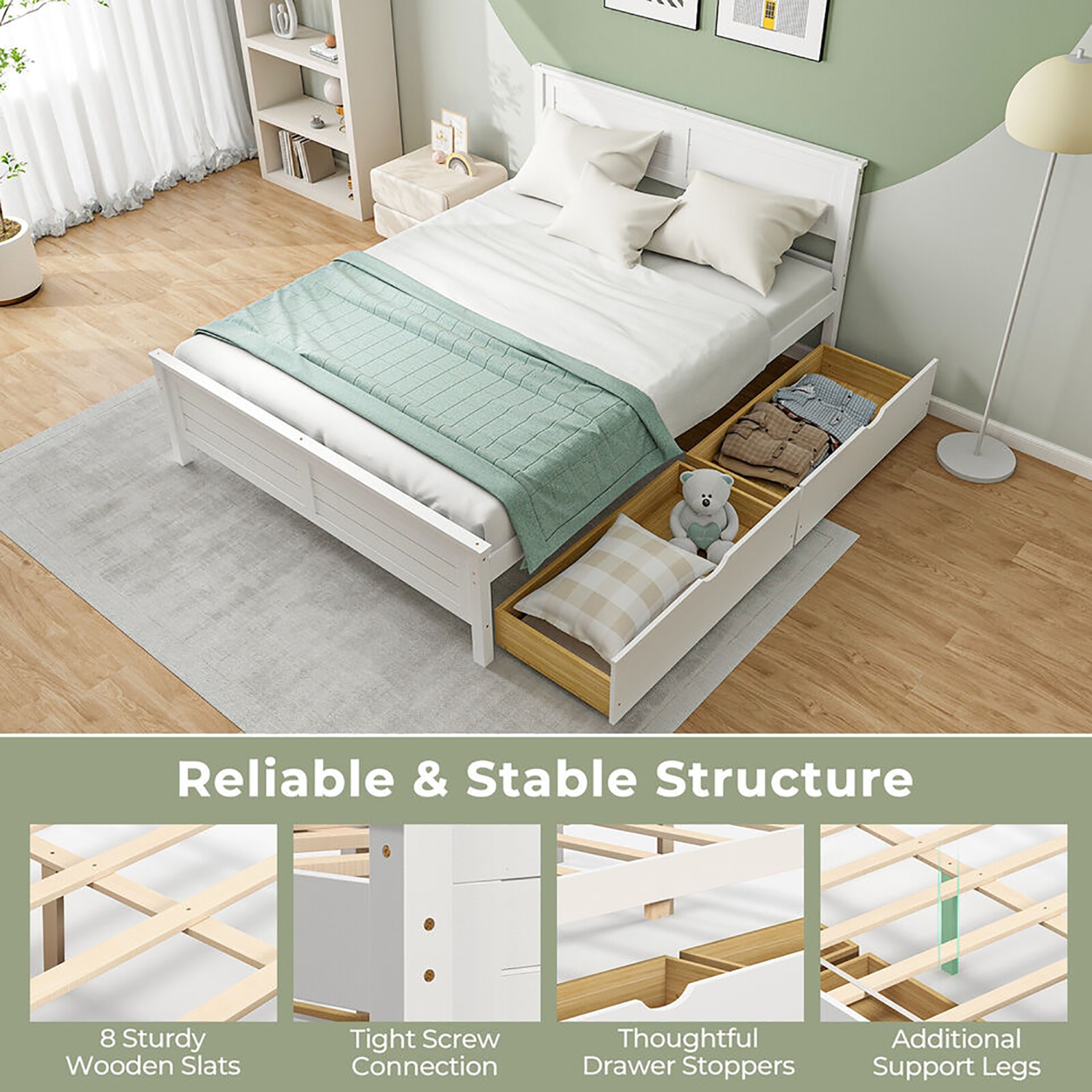 Gymax Twin/Full Size Wooden Bed Frame w/ 2 Storage Drawers & Under-bed Storage White