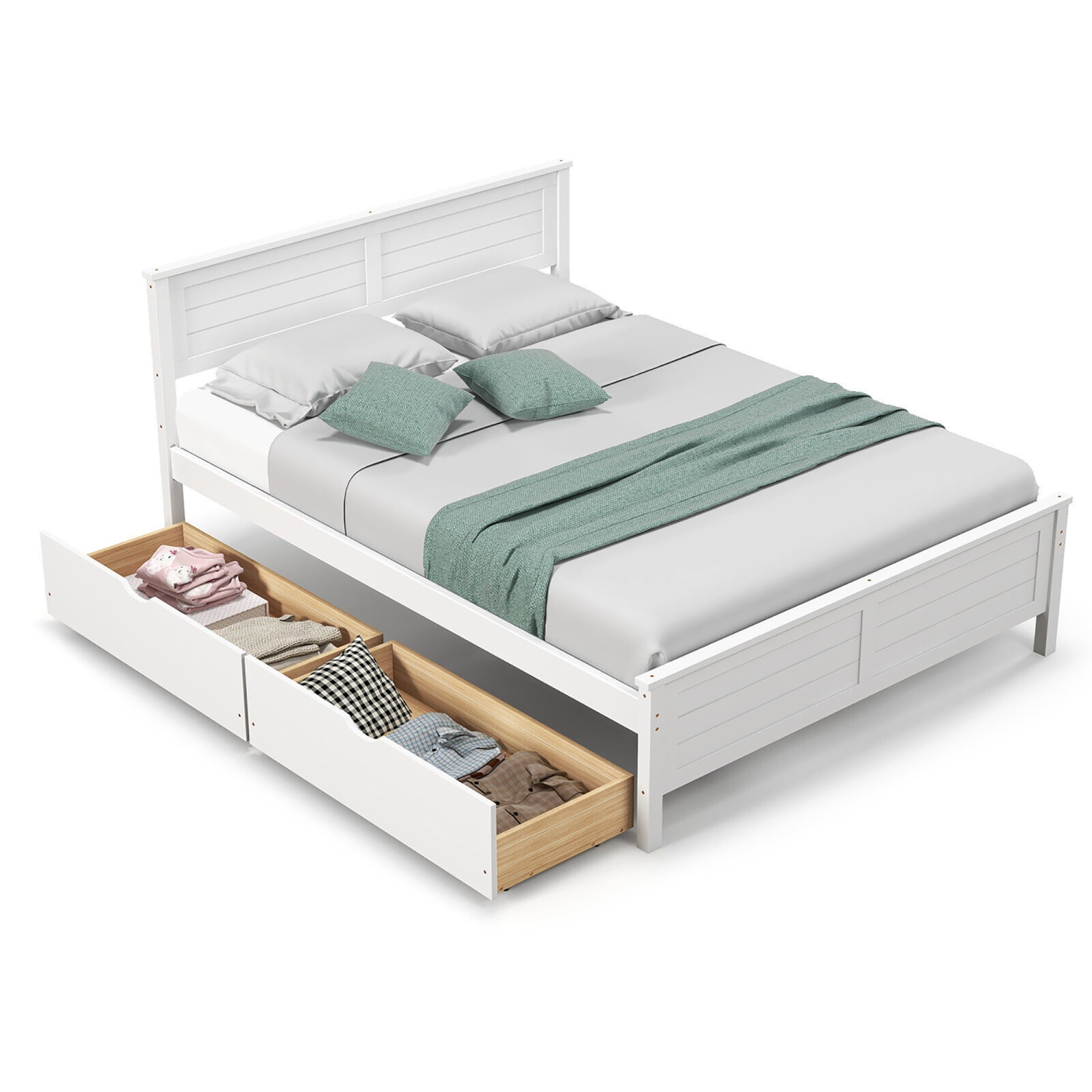 Gymax Twin/Full Size Wooden Bed Frame w/ 2 Storage Drawers & Under-bed Storage White