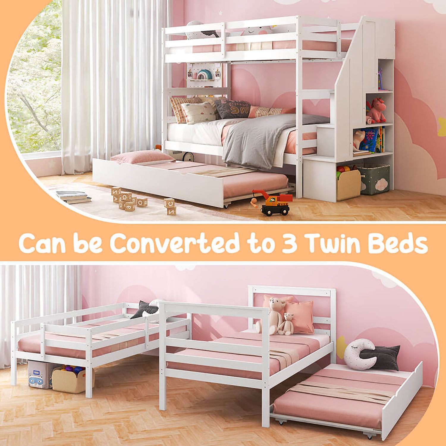 Gymax Twin over Twin Wooden Bunk Bed w/ Trundle Storage Stairs Convertible