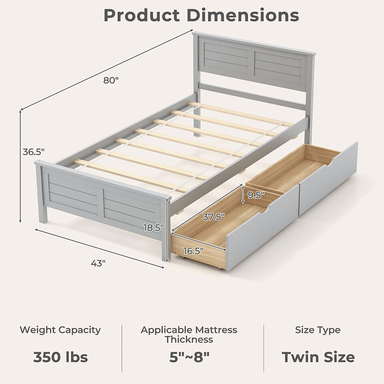 Gymax Twin/Full Size Wooden Bed Frame w/ 2 Storage Drawers & Under-bed Storage Gray
