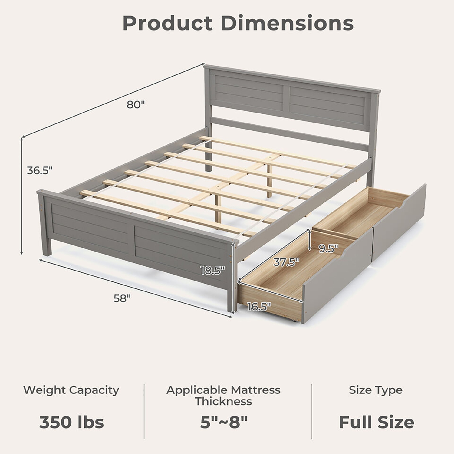 Gymax Twin/Full Size Wooden Bed Frame w/ 2 Storage Drawers & Under-bed Storage Gray