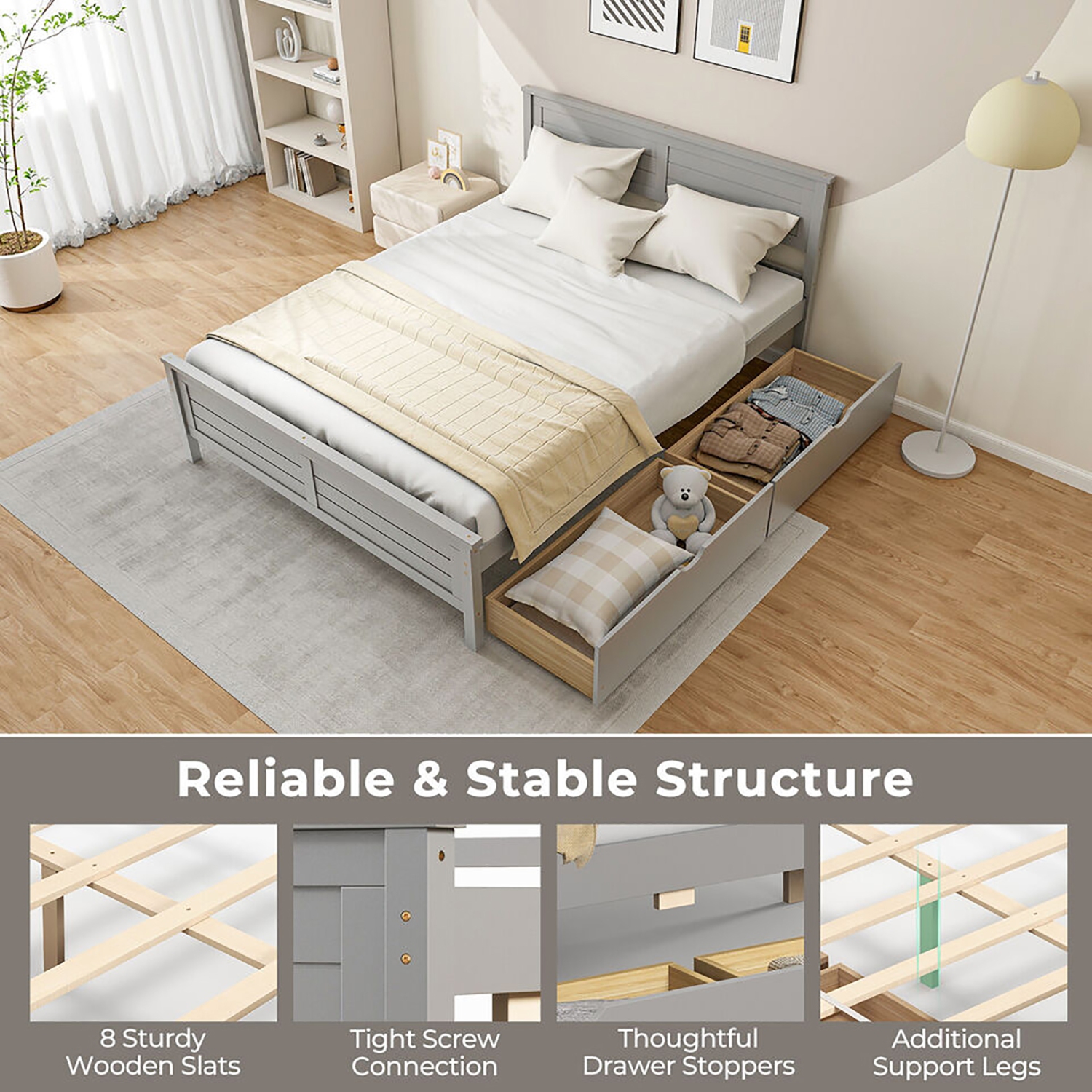 Gymax Twin/Full Size Wooden Bed Frame w/ 2 Storage Drawers & Under-bed Storage Gray