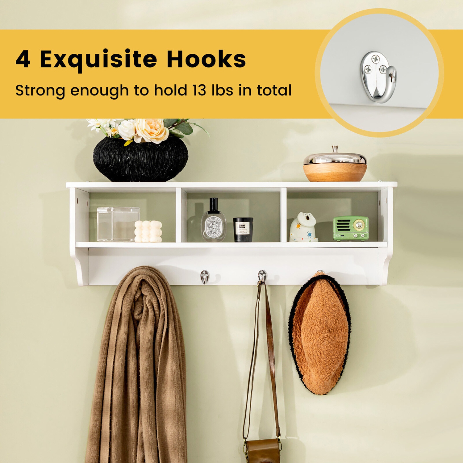 Gymax Versatile Wall-Mounted Coat Rack Space Saver w/ Wide and Flat Shelf
