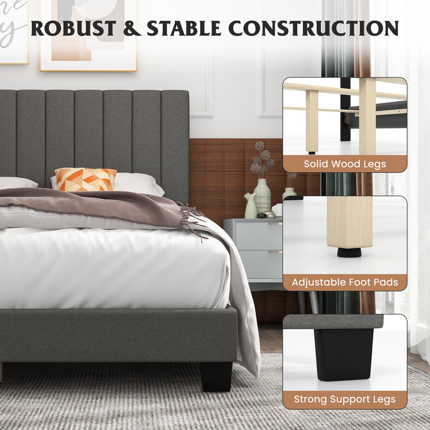 Sommier de base de matelas de grand lit plateforme recouvert de Costway - Gris requis