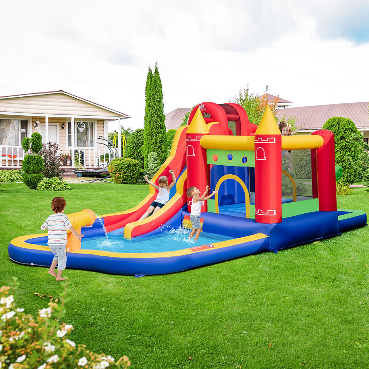 Gymax 9 in 1 Inflatable Bounce House Water Park w/ 750W Blower for 3-10 Years Old