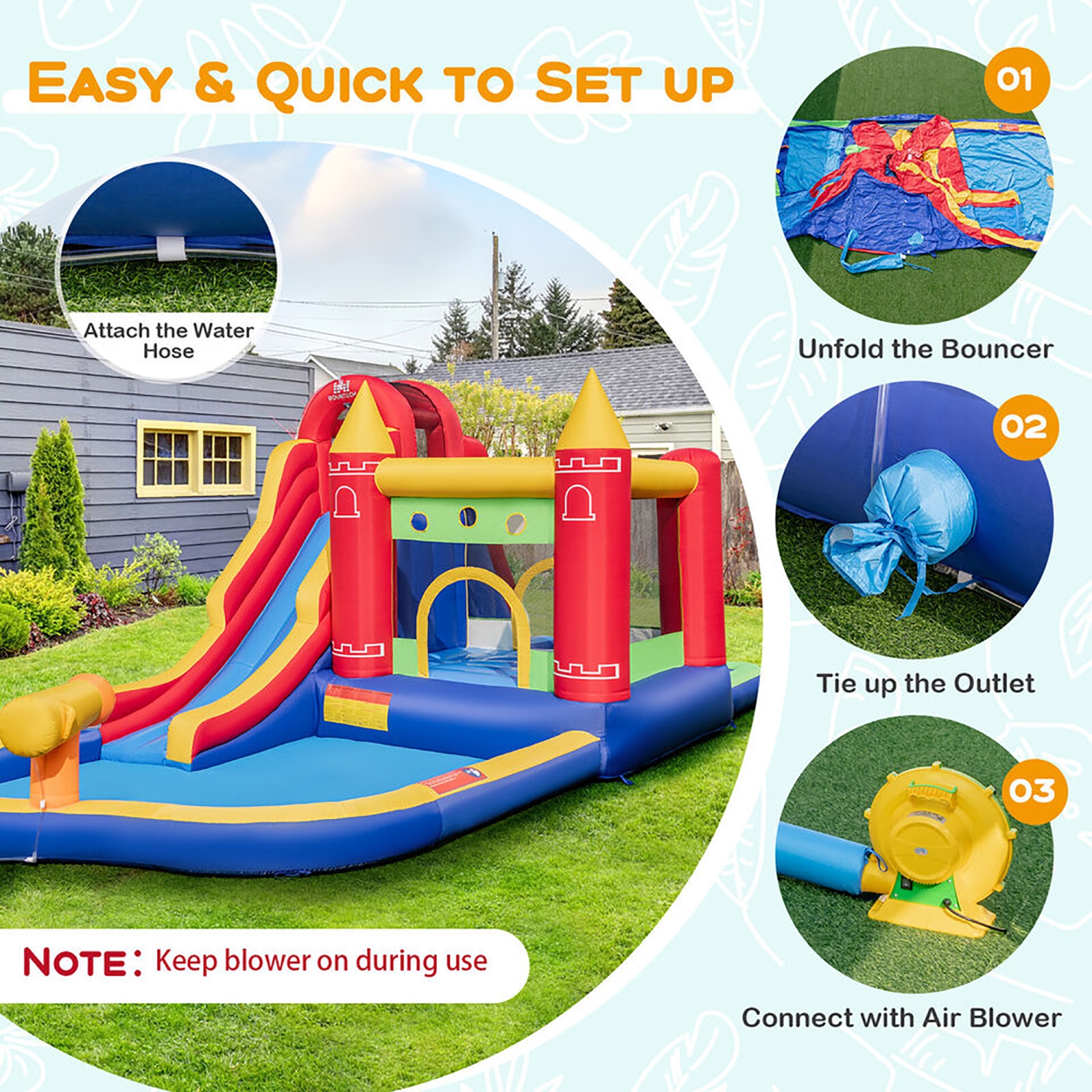 Gymax 9 in 1 Inflatable Bounce House Water Park w/ 750W Blower for 3-10 Years Old
