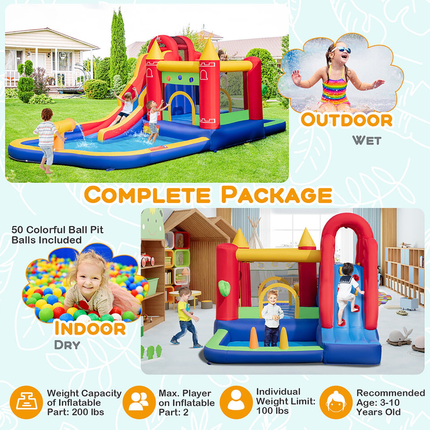 Gymax 9 in 1 Inflatable Bounce House Water Park w/ 750W Blower for 3-10 Years Old