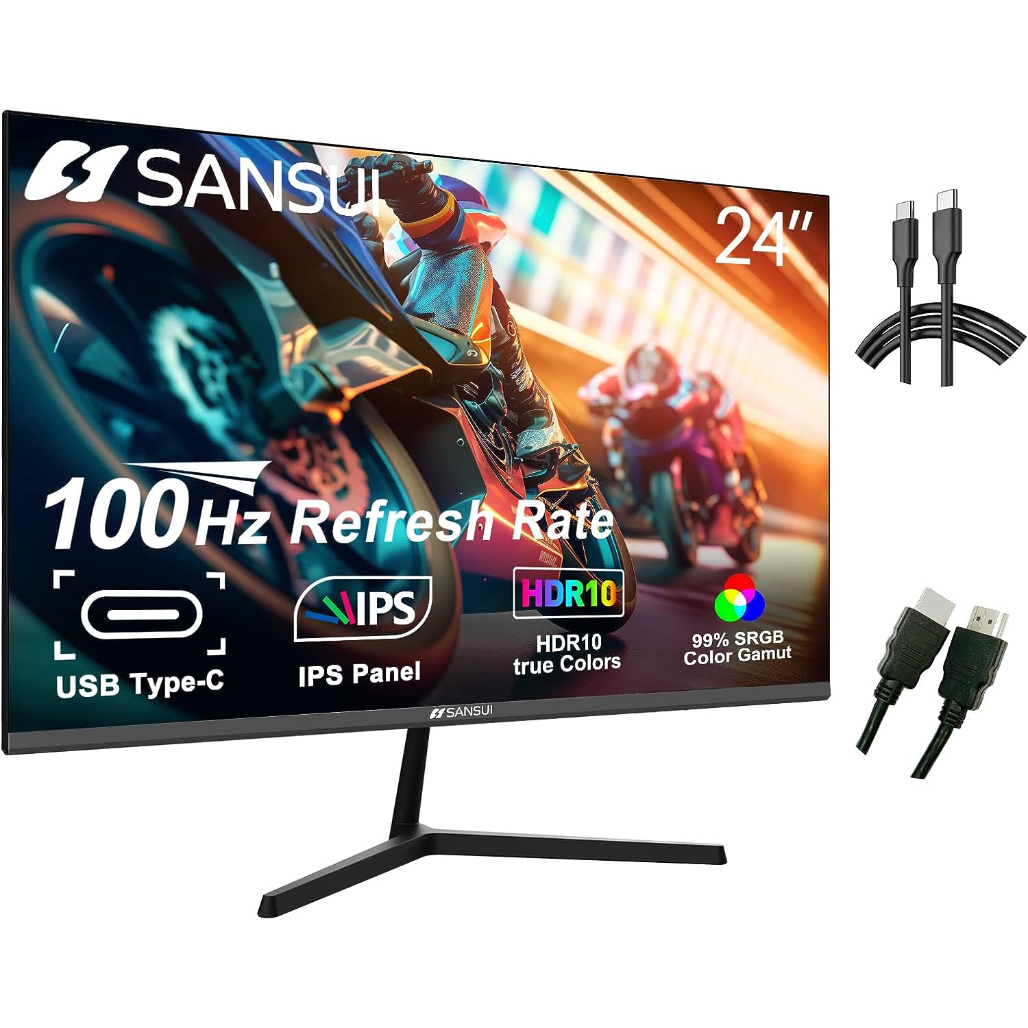 SANSUI Monitor 24 inch 100Hz IPS USB Type-C 1080P Computer Monitor Built-in  Speakers HDMI DP HDR10 Game RTS/FPS Tilt Adjustable for Working and Gaming 