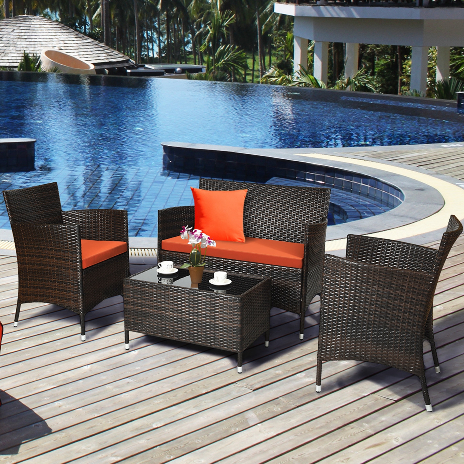 Costway 8PCS Rattan Patio Furniture Set Cushioned Sofa Chair Coffee Table