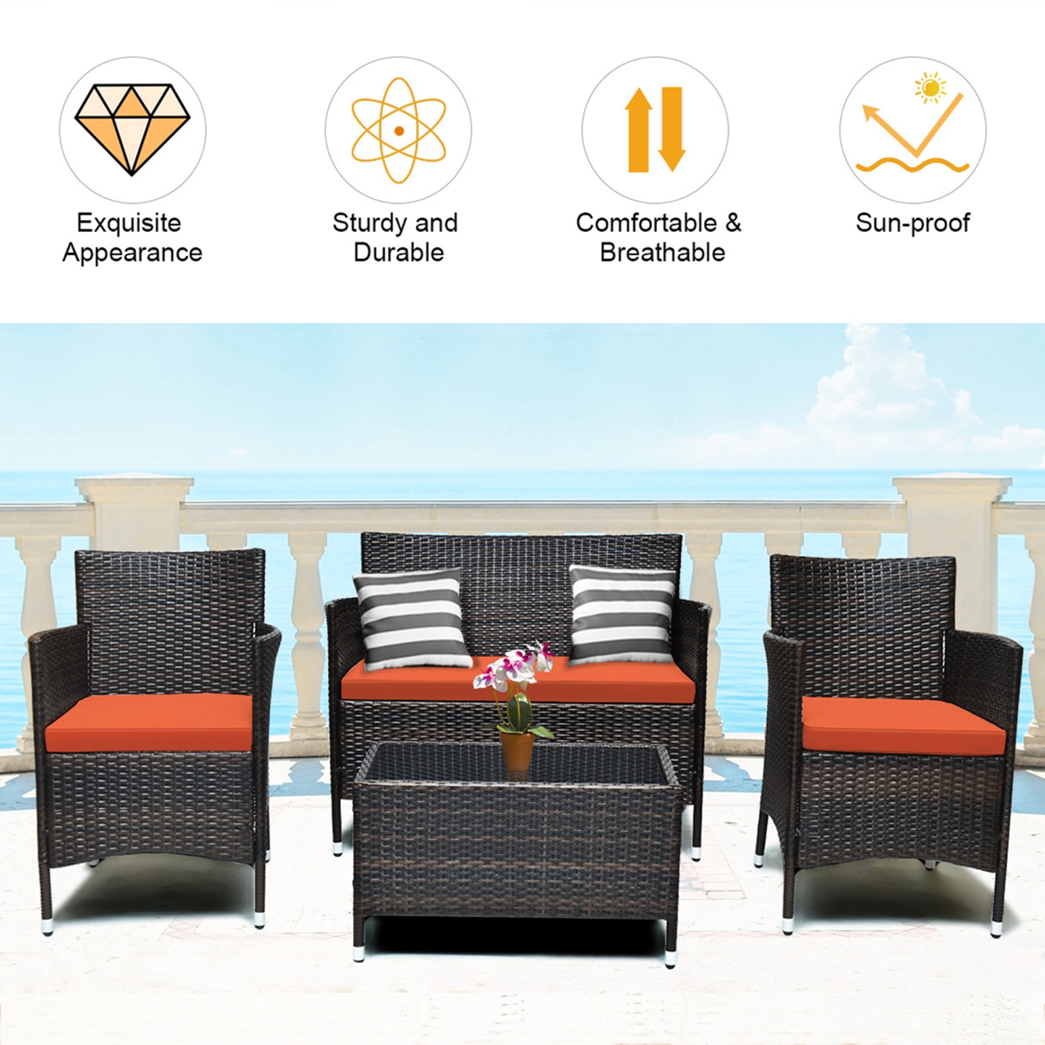 Costway 8PCS Rattan Patio Furniture Set Cushioned Sofa Chair Coffee Table