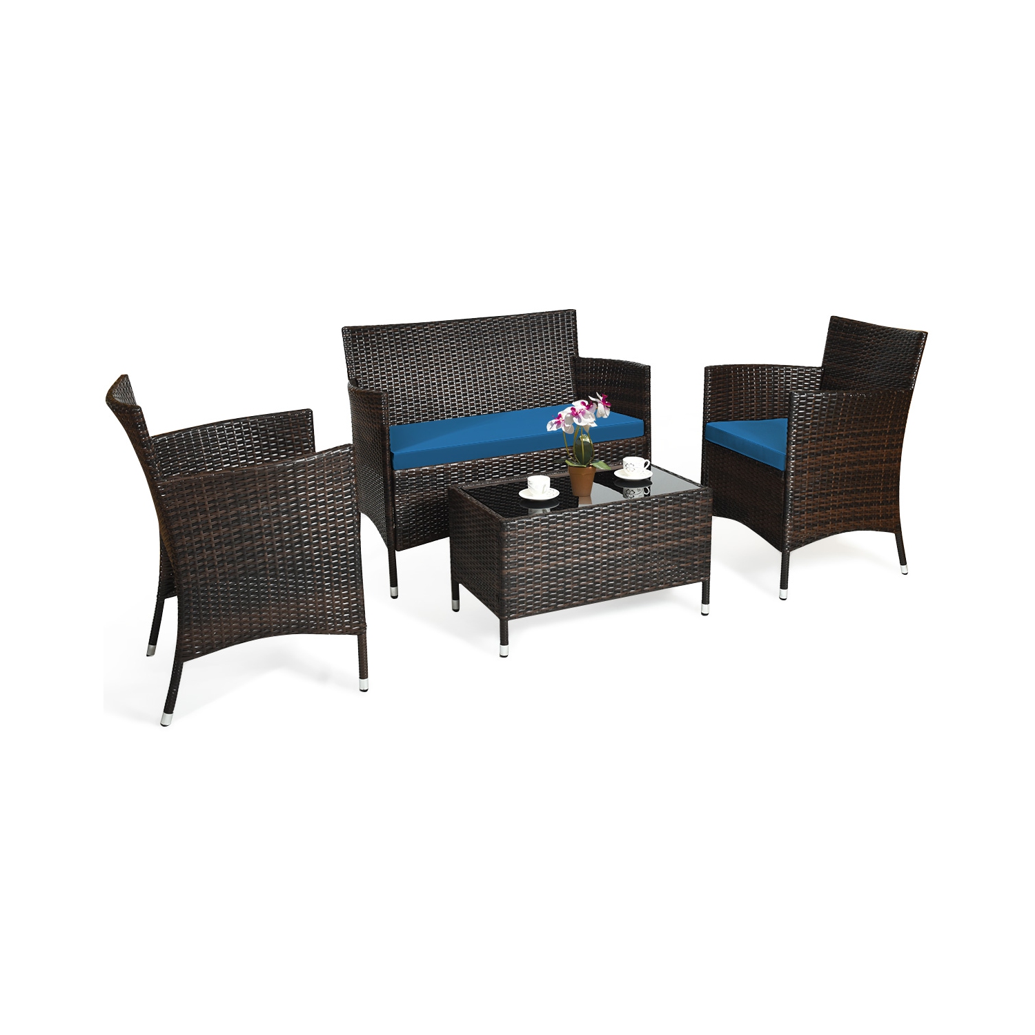 Costway 4PCS Rattan Patio Furniture Set Cushioned Sofa Chair Coffee Table