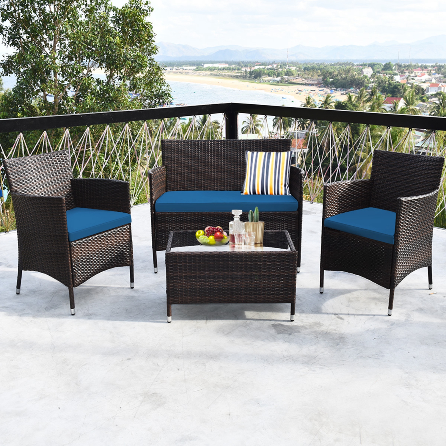Costway 4PCS Rattan Patio Furniture Set Cushioned Sofa Chair Coffee Table