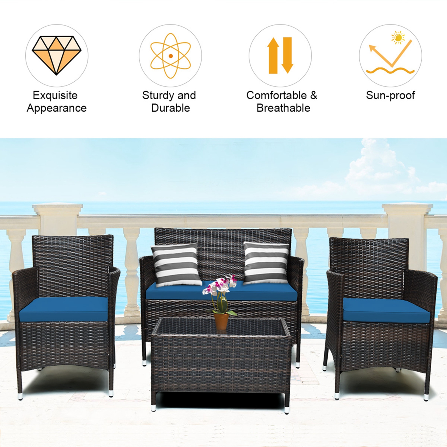 Costway 4PCS Rattan Patio Furniture Set Cushioned Sofa Chair Coffee Table