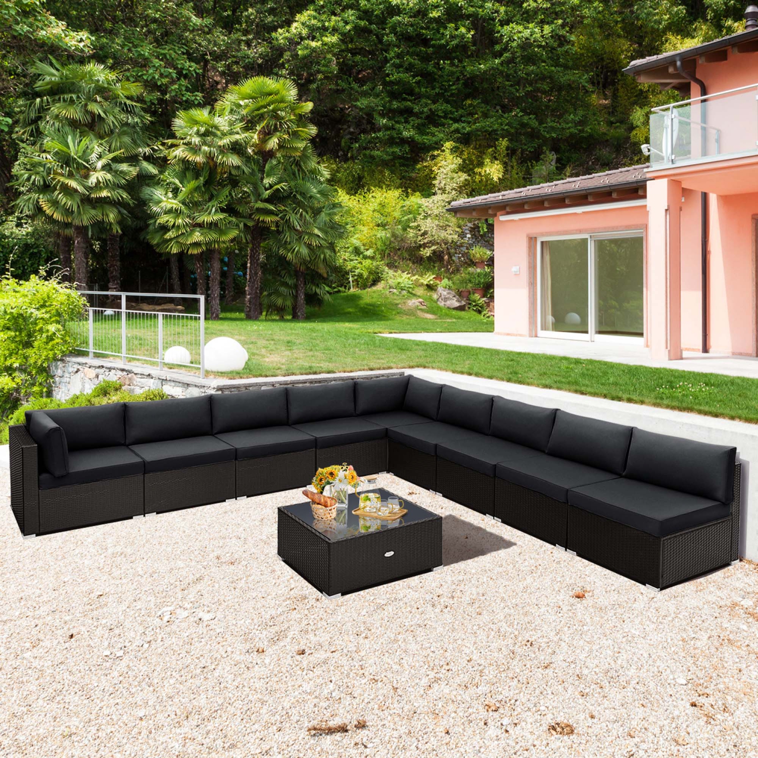 Costway 10 PCS Patio Rattan Furniture Set Outdoor Wicker Sofa Table Cushioned Seat Black/Brown
