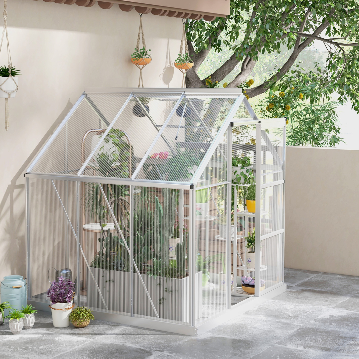Serre en polycarbonate Outsunny de 6 x 6 pi, serre avec porte coulissante, évent réglable, cadre en aluminium et trousse de fondation, maison de