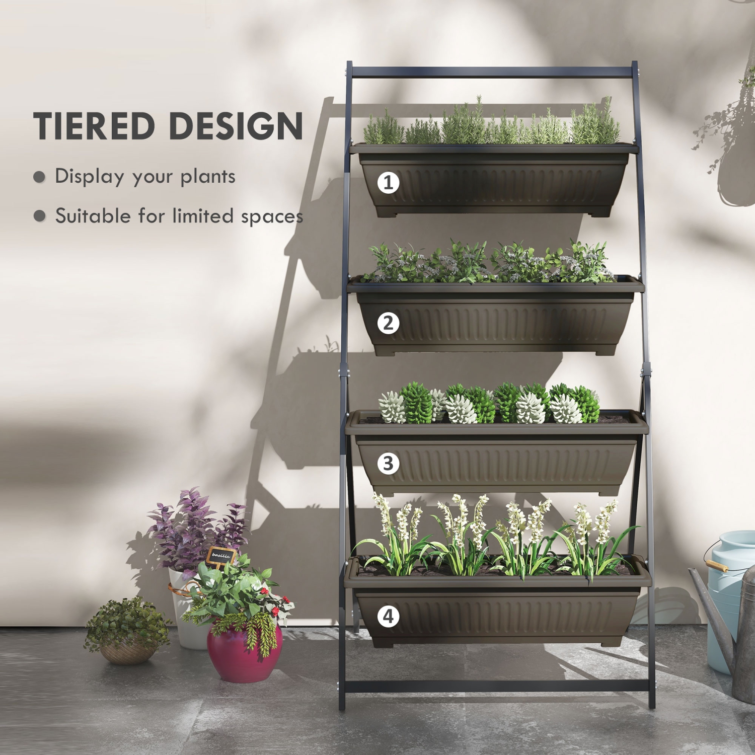 Lit de jardin vertical surélevé à 4 niveaux avec 4 jardinières Outsunny, contenant extérieur Grow avec trous qui fuient pour balcon patio extérieur,