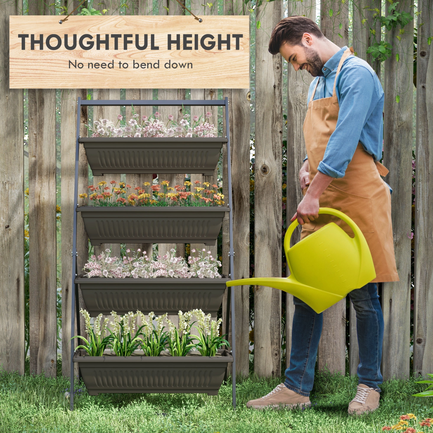 Lit de jardin vertical surélevé à 4 niveaux avec 4 jardinières Outsunny, contenant extérieur Grow avec trous qui fuient pour balcon patio extérieur,