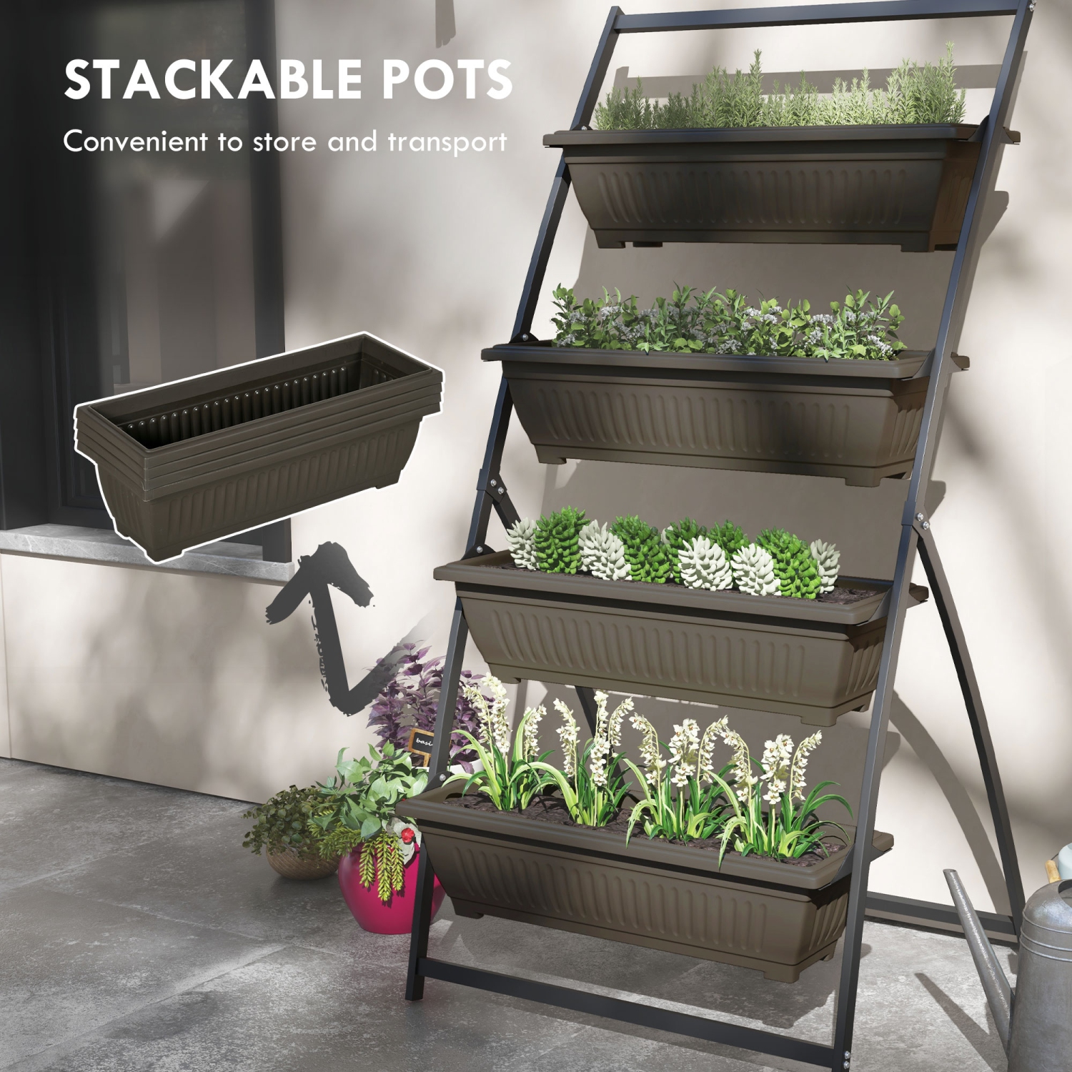 Lit de jardin vertical surélevé à 4 niveaux avec 4 jardinières Outsunny, contenant extérieur Grow avec trous qui fuient pour balcon patio extérieur,