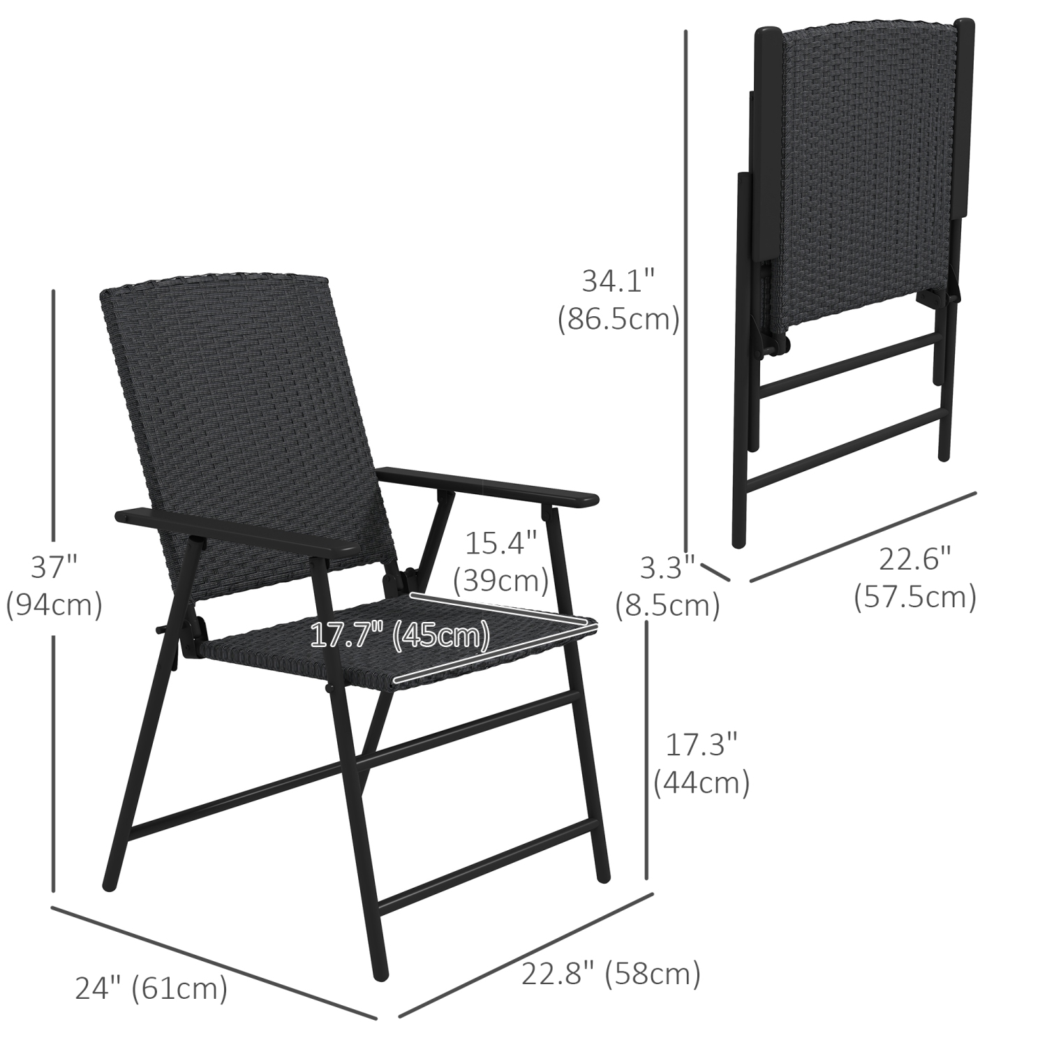 Outsunny Outdoor Wicker Dining Chair Set of 2, 2 Pieces Rattan Foldable Chair with Steel Frame for Garden, Backyard, Porch, Black