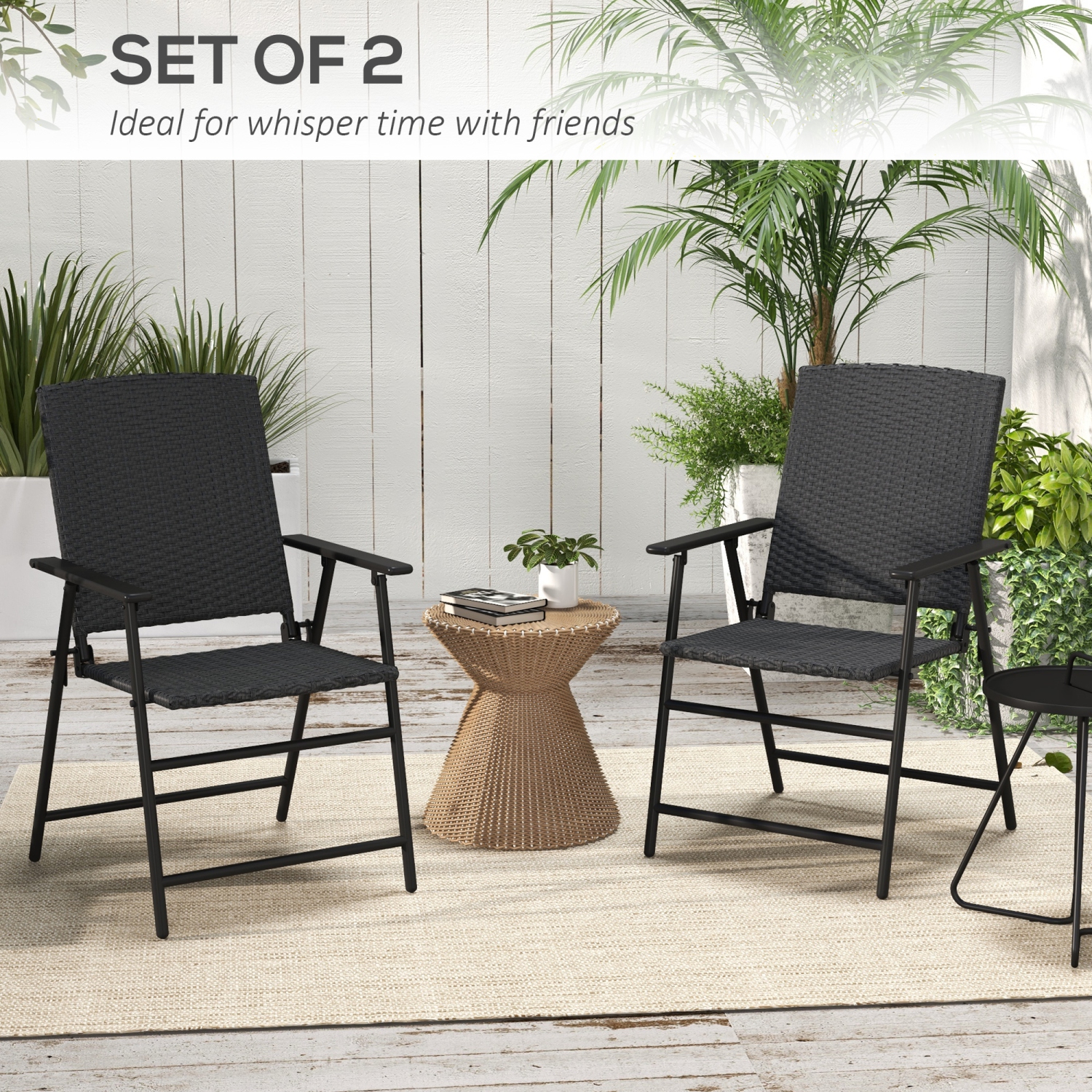 Outsunny Outdoor Wicker Dining Chair Set of 2, 2 Pieces Rattan Foldable Chair with Steel Frame for Garden, Backyard, Porch, Black