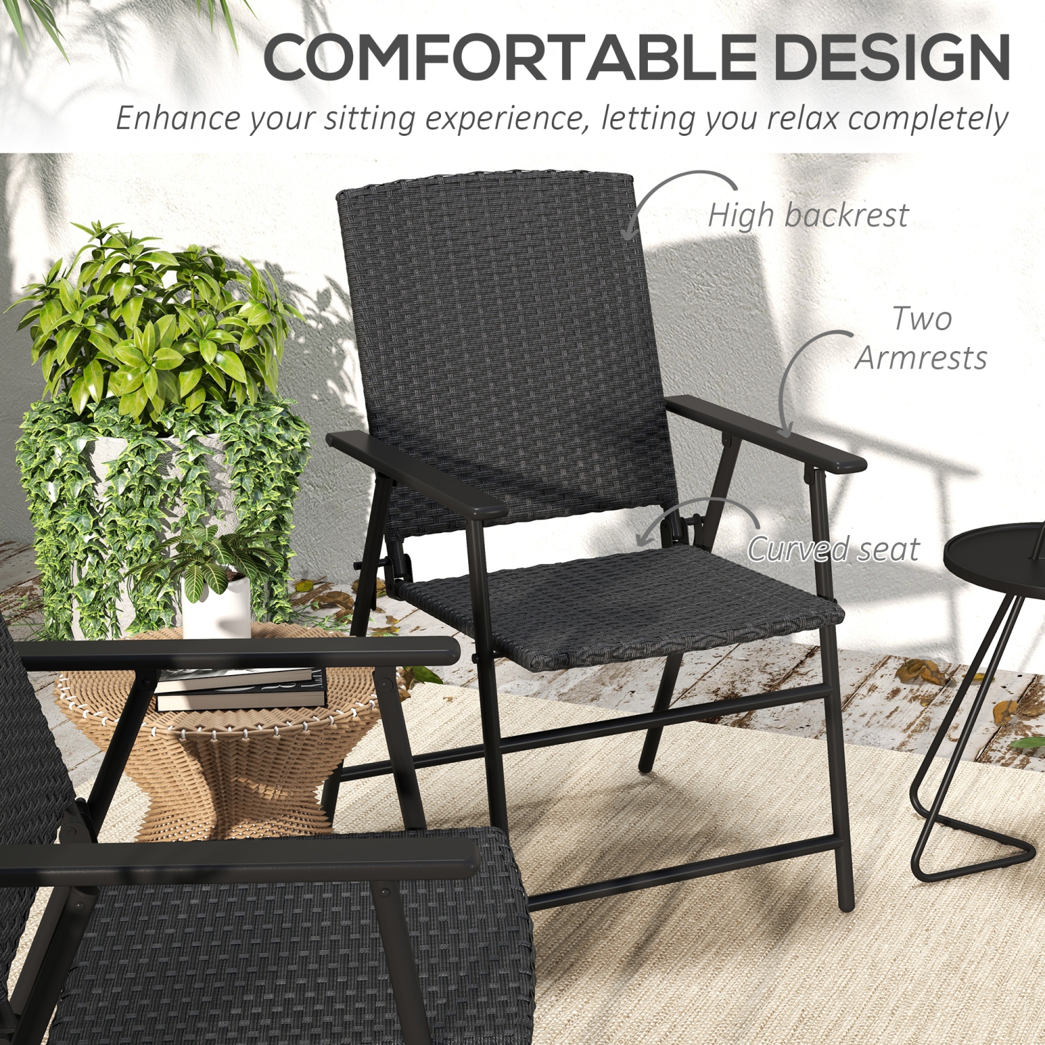 Outsunny Outdoor Wicker Dining Chair Set of 2, 2 Pieces Rattan Foldable Chair with Steel Frame for Garden, Backyard, Porch, Black