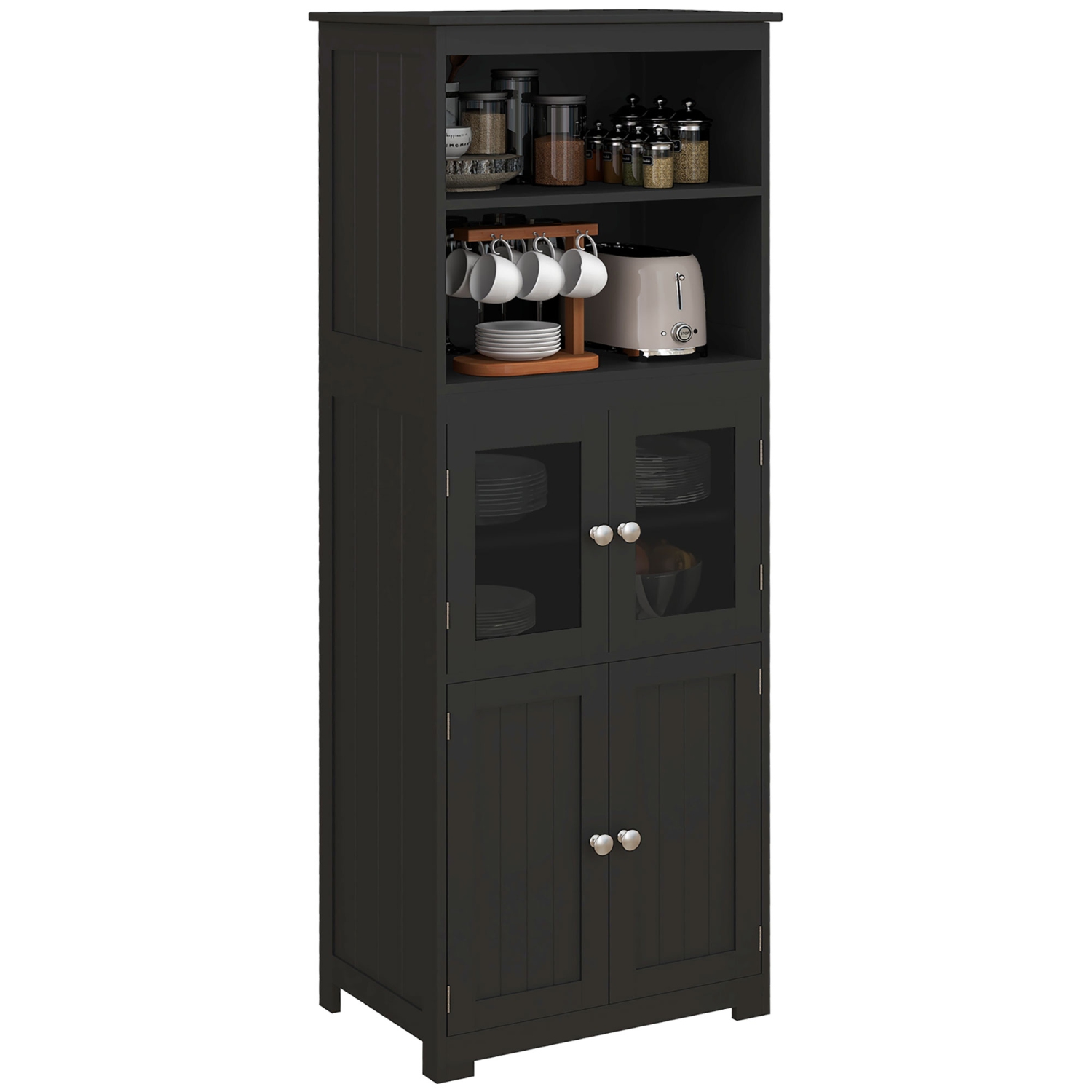 HOMCOM 64" Tall Kitchen Pantry Cabinet, Freestanding Storage Cabinet with Glass Doors and Adjustable Shelves, Kitchen Buffet Hutch, Black