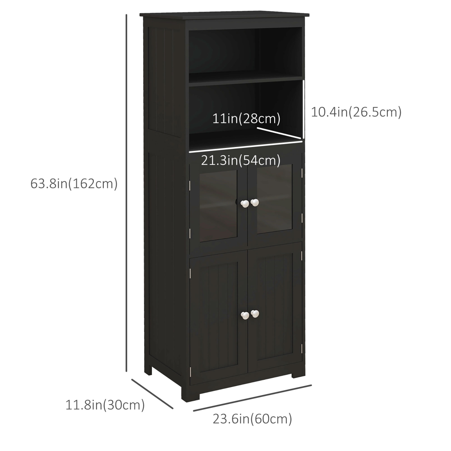 HOMCOM 64" Tall Kitchen Pantry Cabinet, Freestanding Storage Cabinet with Glass Doors and Adjustable Shelves, Kitchen Buffet Hutch, Black