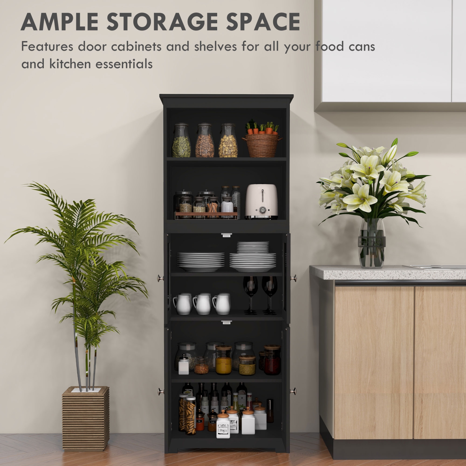 HOMCOM 64" Tall Kitchen Pantry Cabinet, Freestanding Storage Cabinet with Glass Doors and Adjustable Shelves, Kitchen Buffet Hutch, Black