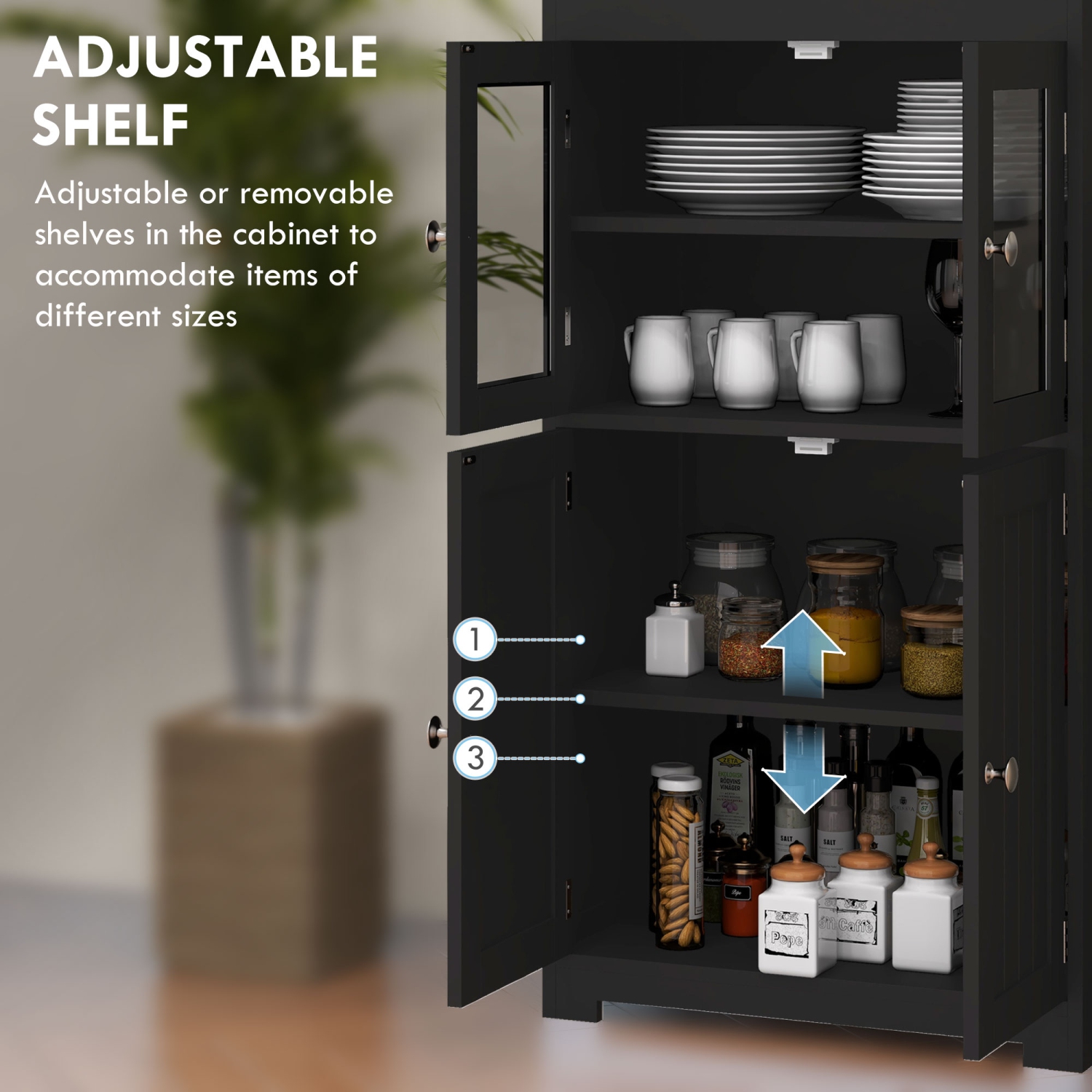 HOMCOM 64" Tall Kitchen Pantry Cabinet, Freestanding Storage Cabinet with Glass Doors and Adjustable Shelves, Kitchen Buffet Hutch, Black