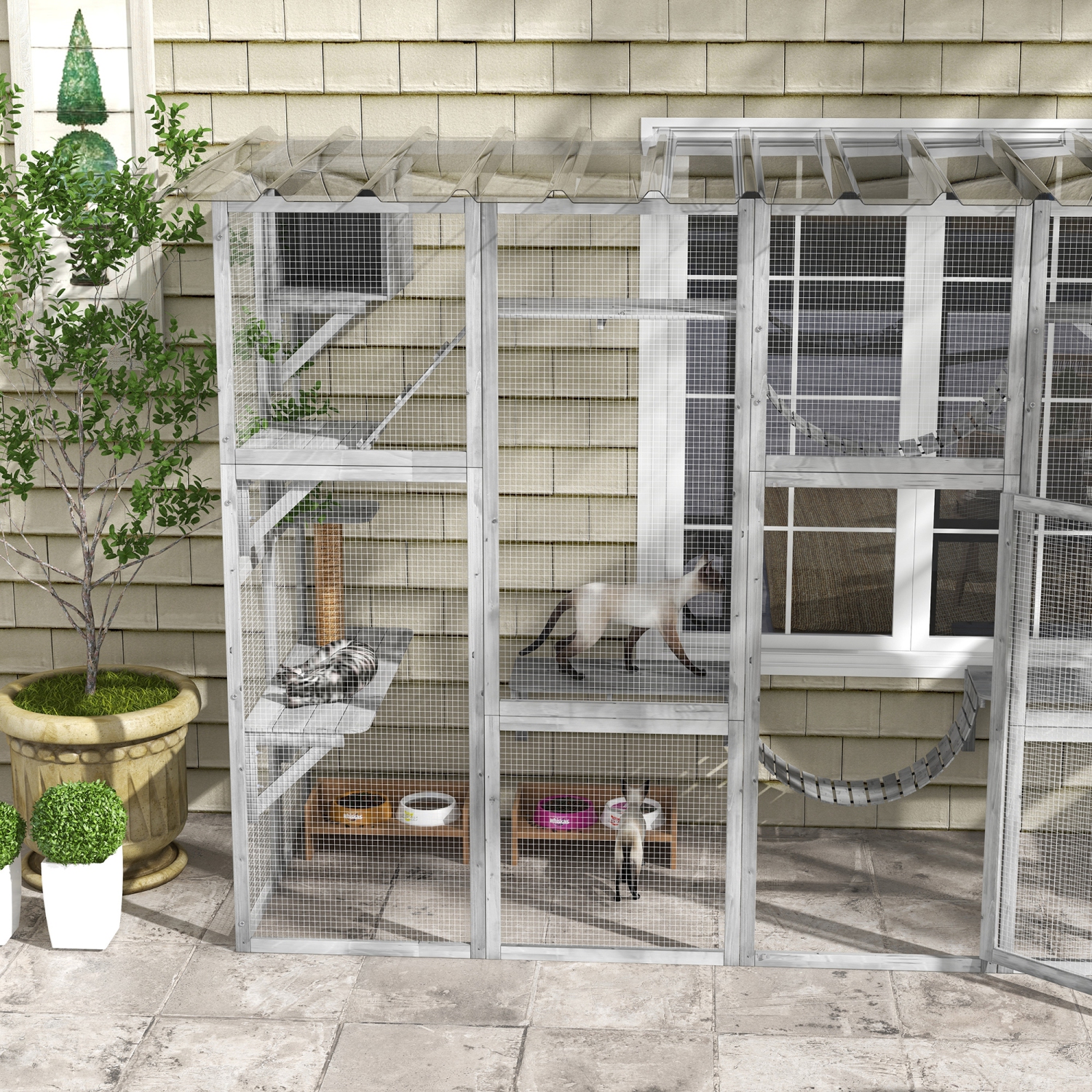 PawHut Catio Large Outdoor Cat Enclosure with Cat Condos Platforms Ladders Doors Weather Resistant Roof Wooden Cat Cage for 1 4 Cats Grey Best Buy Canada