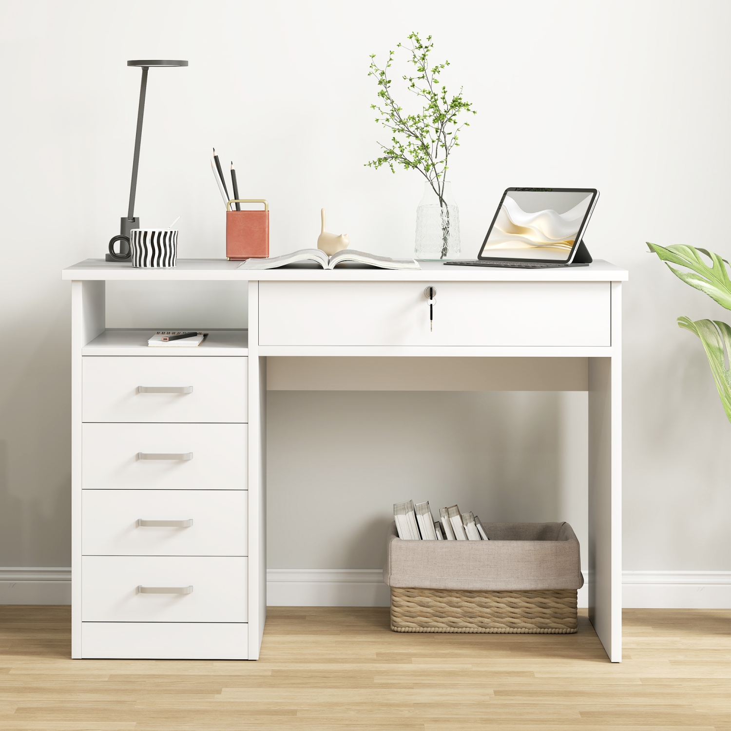 Bureau d’ordinateur avec rangement Vinsetto, bureau à domicile avec tiroir verrouillable et compartiment ouvert, blanc