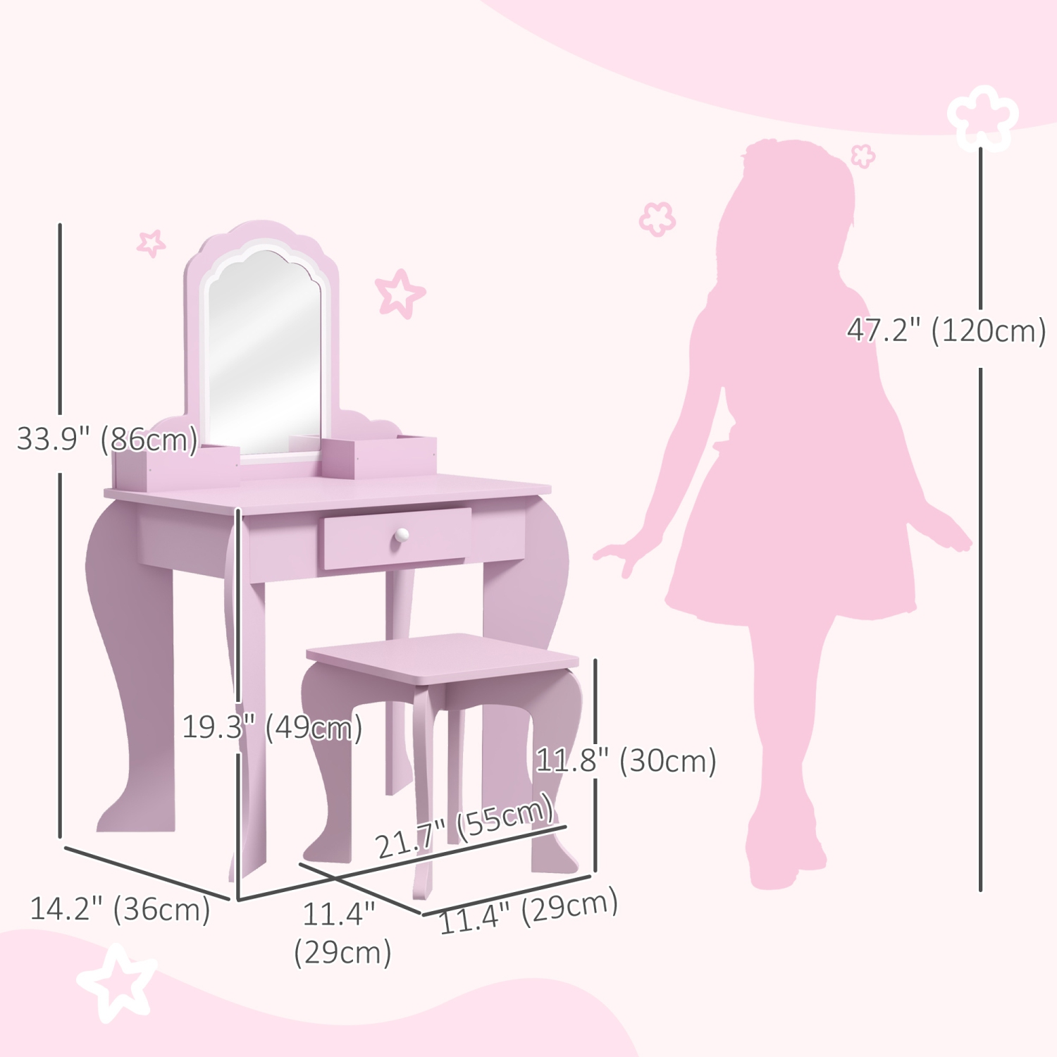 Ensemble coiffeuse avec miroir et tabouret pour enfants Qaba, coiffeuse maquillage pour enfants de 3-6 ans, avec tiroirs, Cloud-Design