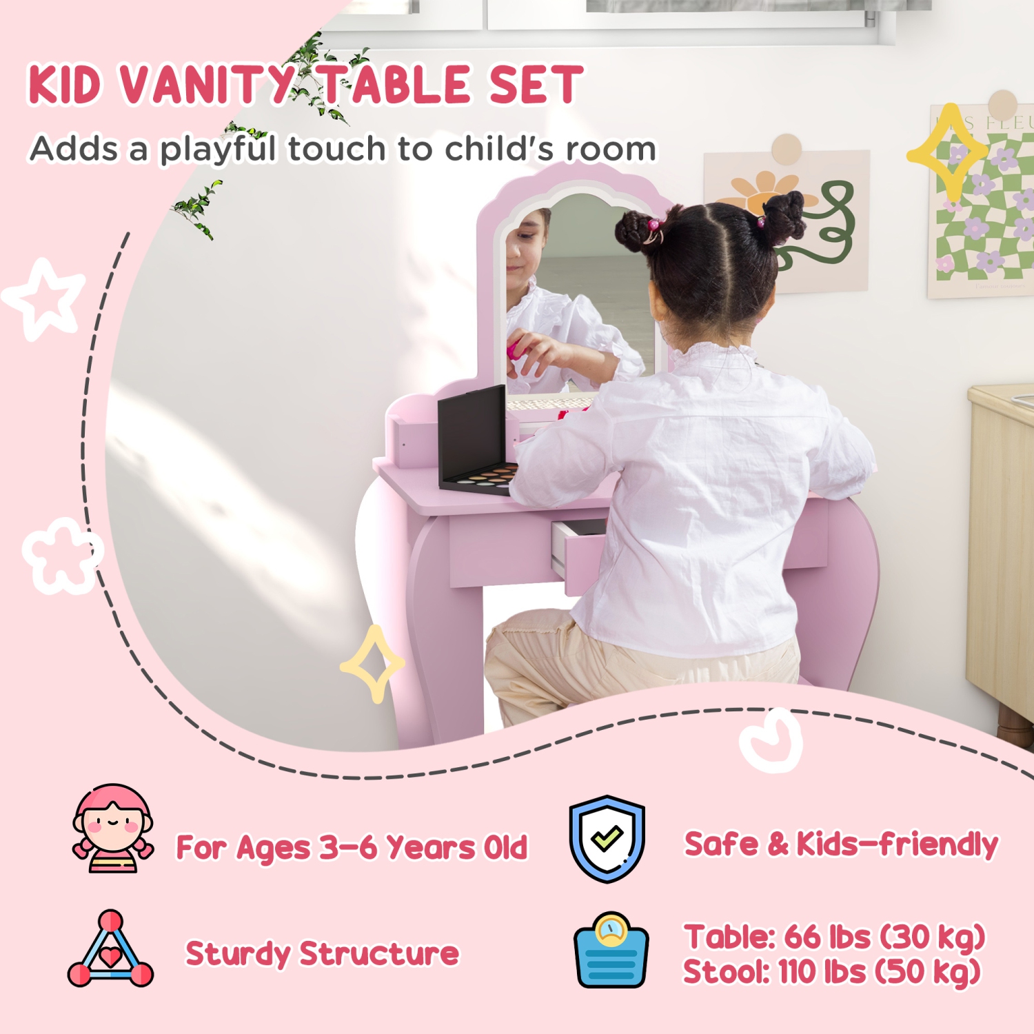 Ensemble coiffeuse avec miroir et tabouret pour enfants Qaba, coiffeuse maquillage pour enfants de 3-6 ans, avec tiroirs, Cloud-Design